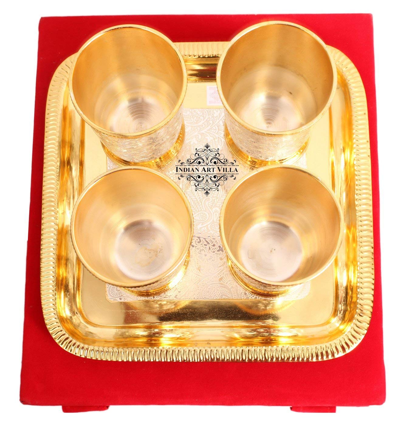 Indian Art Villa Set of 4 Designed Silver Plated Gold Polished Glasses Goblets Cups - Serving Water Home Hotels Restaurants Tableware Gift Item