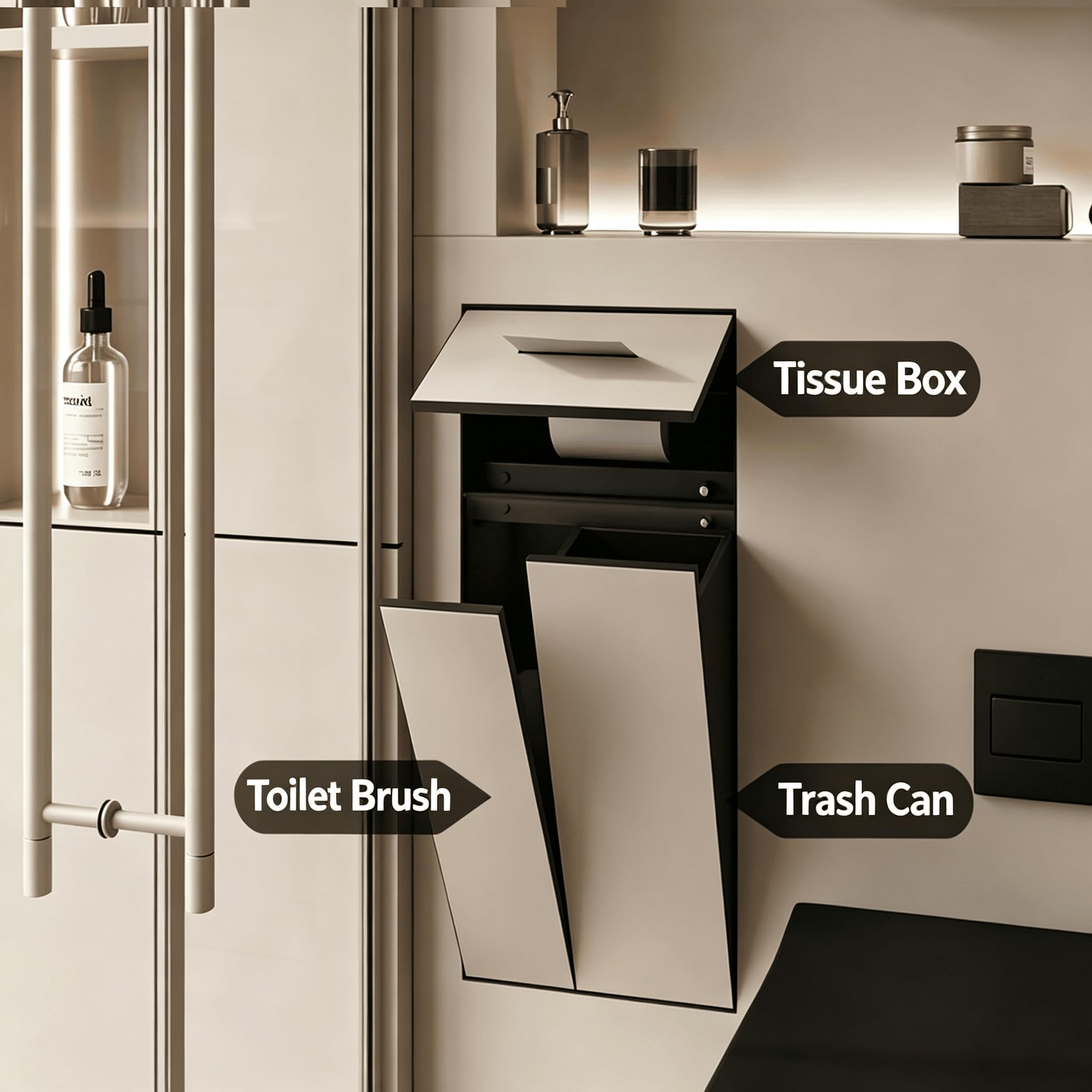 Porta Carta igienica da Incasso 3 in 1, con pattumiera e Porta scopino | Acciaio inossidabile 304, parte anteriore piastrellabile, design pop-up senza maniglie Design salvaspazio Bellezza per bagno