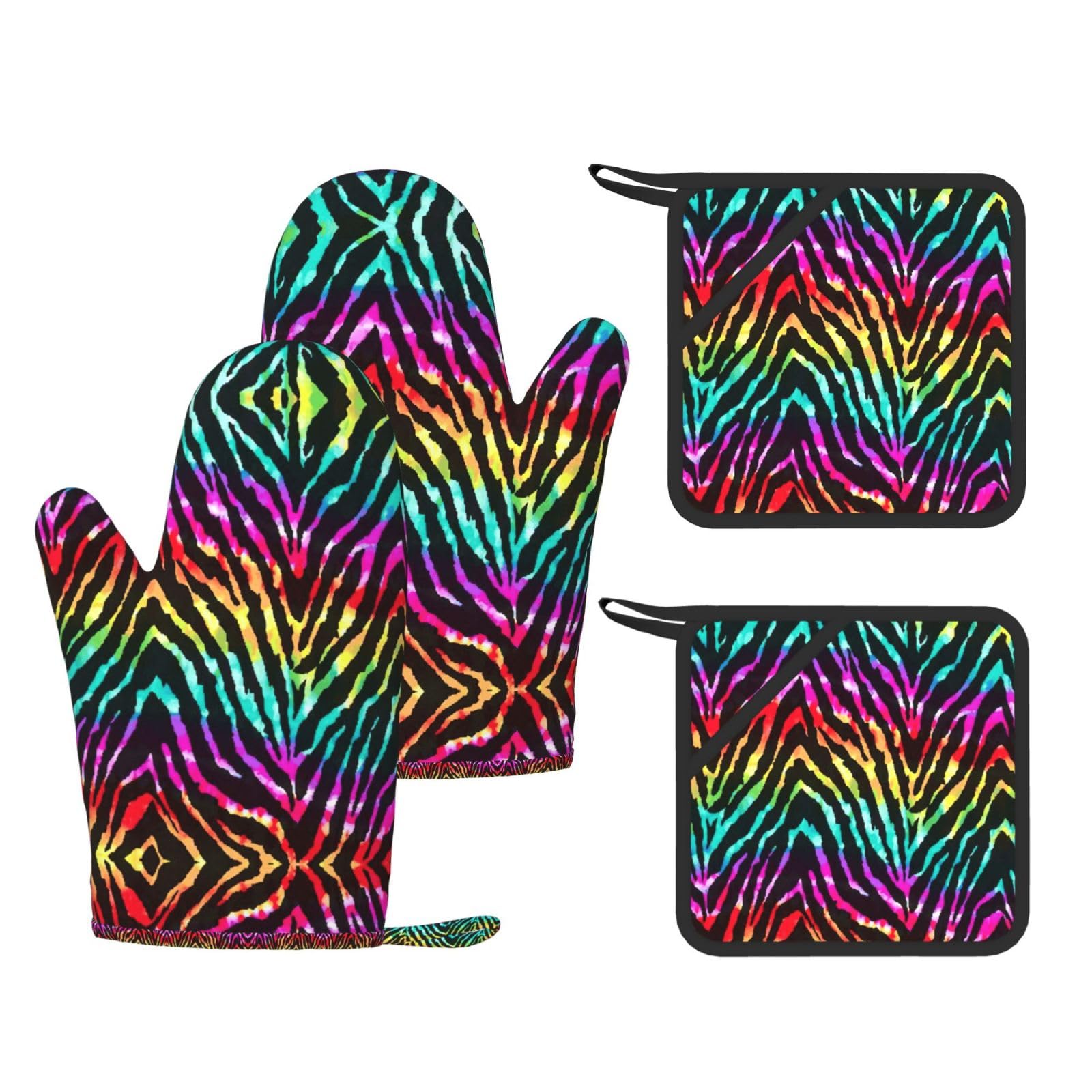 Colorful Rainbow Zebra Printed Cooking Mitts and Pot Holders 4 Pcs, Heat Resistant Oven Gloves with Hanging Loop Chef