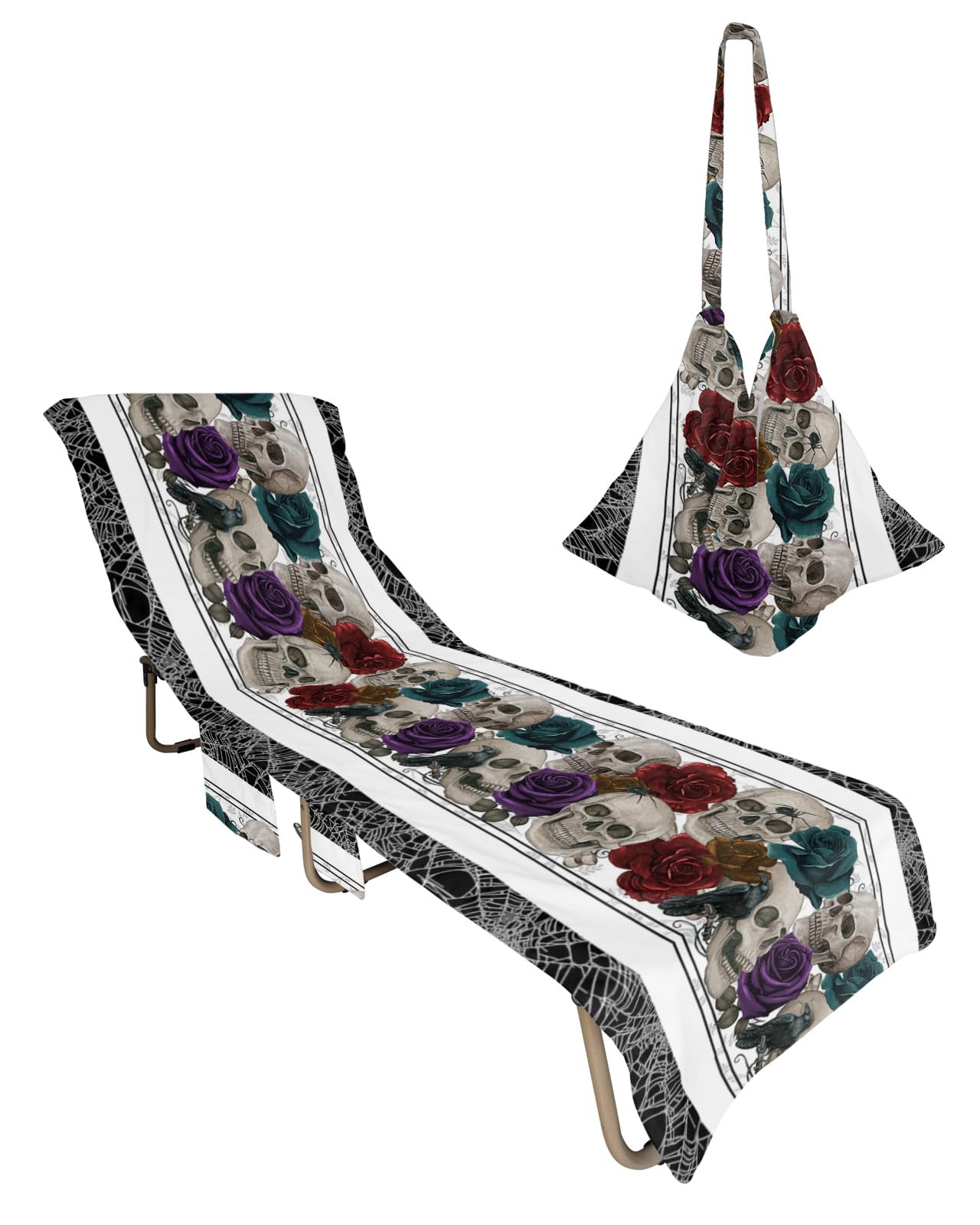 Halloween Beach Lounge Chair Towel Cover, Soft Chaise Lounge Towel with Side Pockets Patio Pool Chairs Cover for Beach/Pool Sunbathing 29x85 Green Red Purple Roses Botanical Skull
