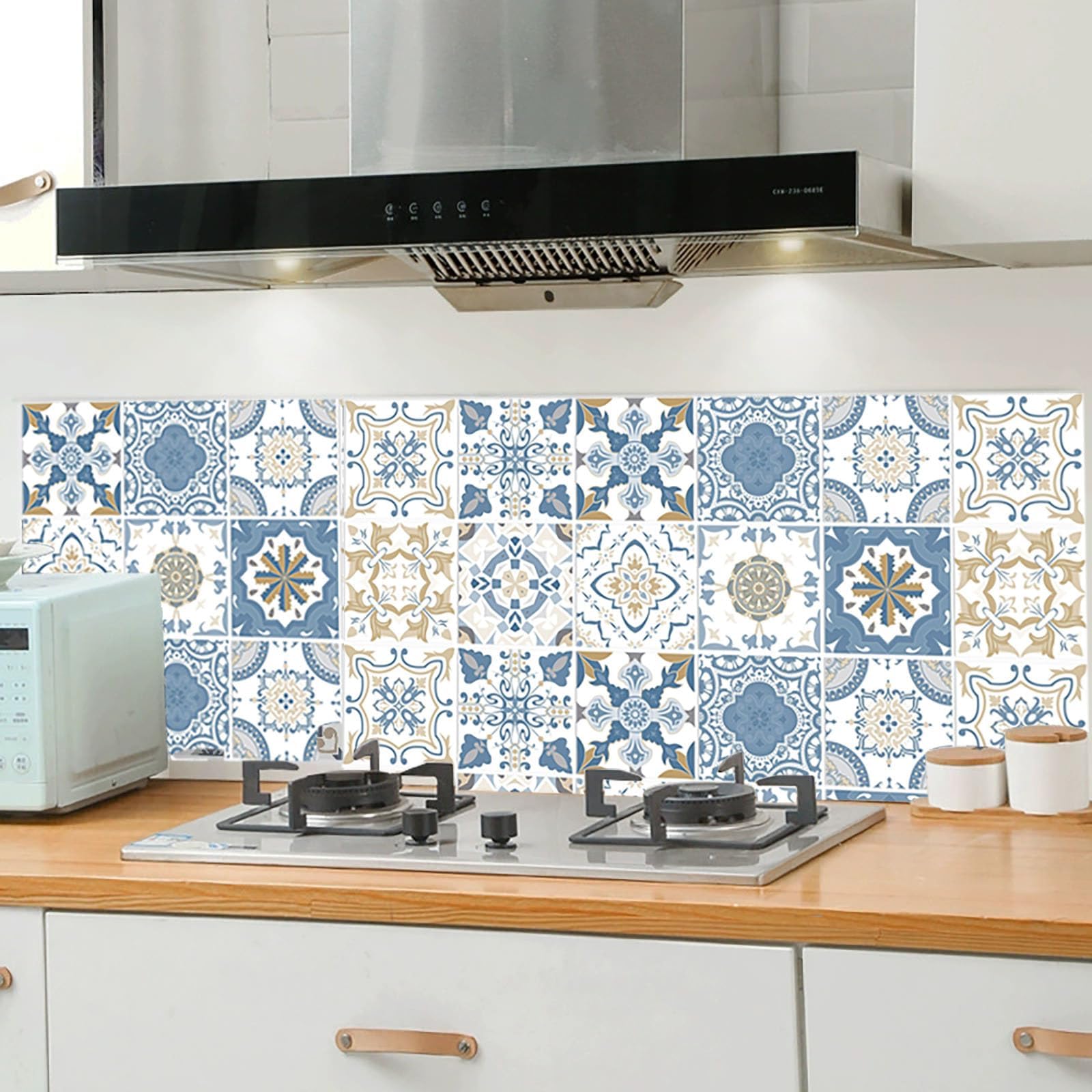 Dinghaole 24 stuks blauwe Victoriaanse tegelstickers, zelfklevende wandtegels stickers, keuken badkamer muur tegelstickers, muurkunst traditionele vintage ontwerp transfers, zelfklevende waterdichte