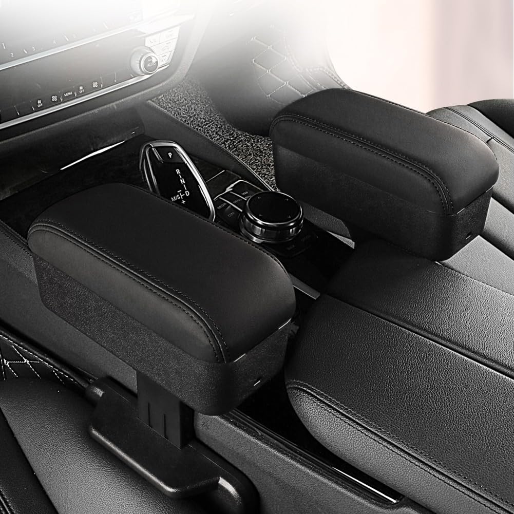 Organizador de consola central, reposabrazos ajustable para coche con portavasos retráctil, caja de almacenamiento para espacio de asiento, bandeja de reposo para codos (línea negra)
