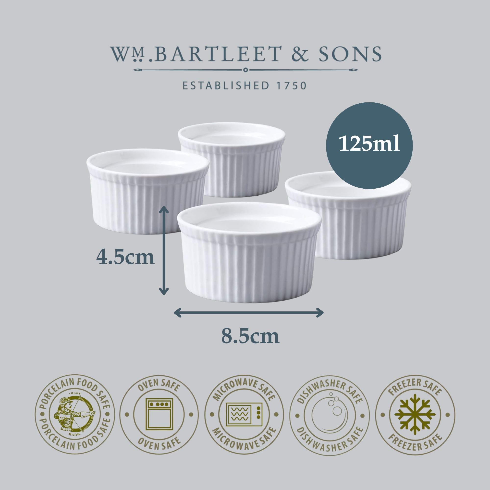 WM Bartleet & Sons 1750 TSET40 - Set di 4 pirottini tradizionali in porcellana, diametro 9 cm, colore: bianco