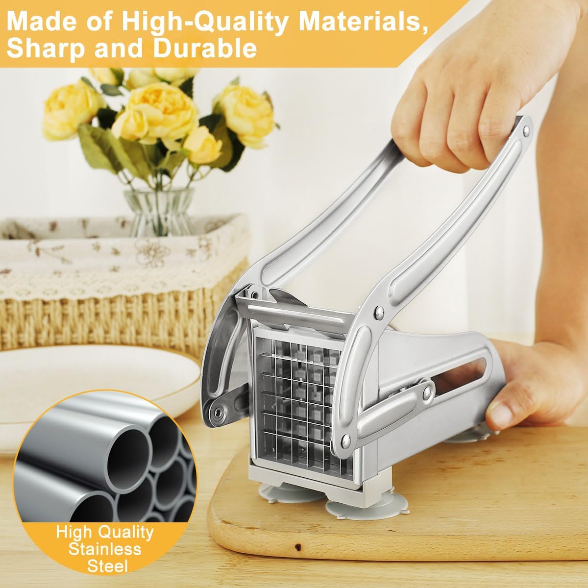 French Fry Cutter Stainless Steel Potato Chipper Fast Cutting Potato Chip Cutter with 36/46 Holes Blades Manual Food Slicer Dicer Multifunction Vegetable Fruit Chipper(silver)