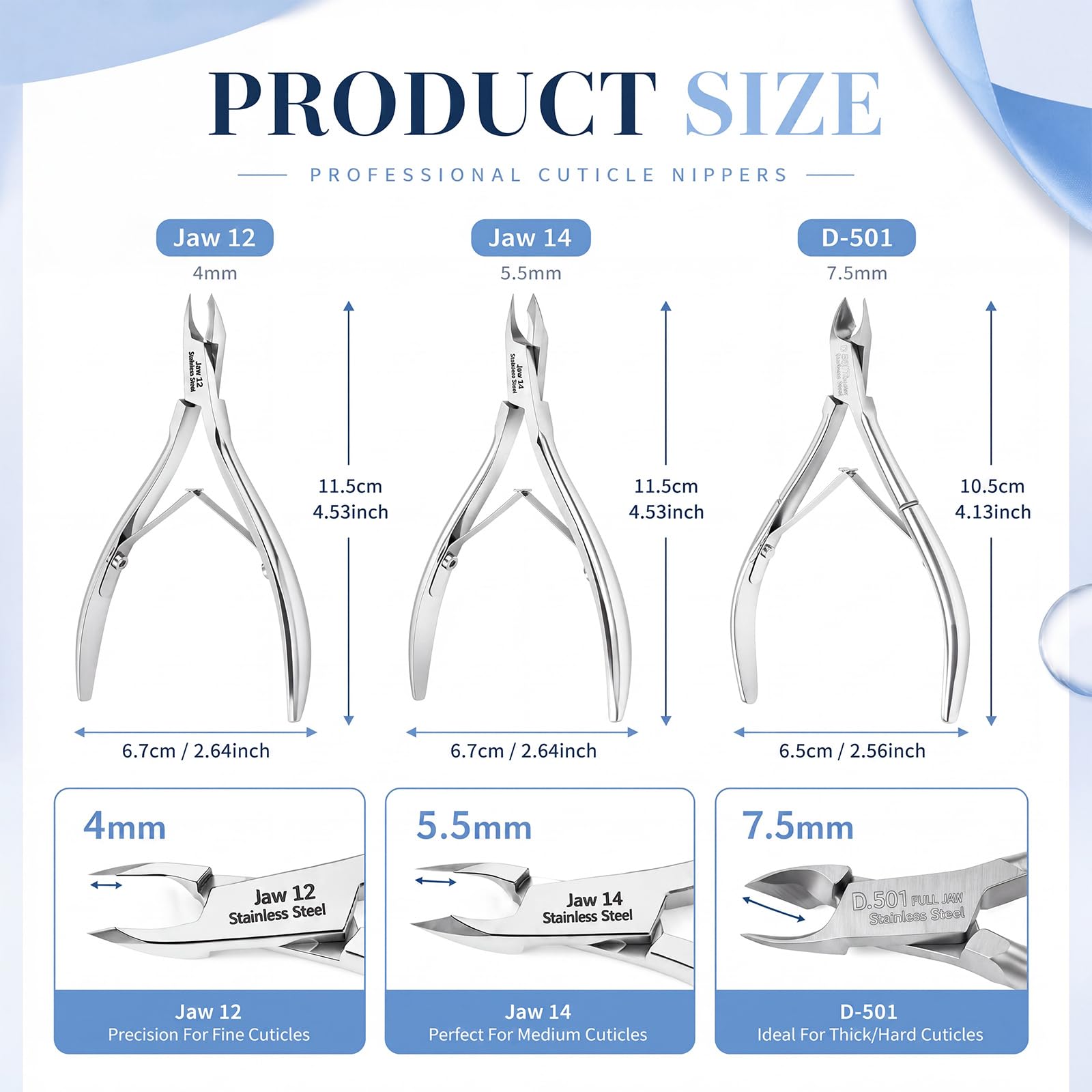 Lothee Juego de 3 cortadores de cutículas, cortaúñas profesional de acero inoxidable con mandíbula de 4 mm, 5,5 mm, 7,5 mm, herramienta de manicura y pedicura para mujeres y hombres, cuidado de uñas
