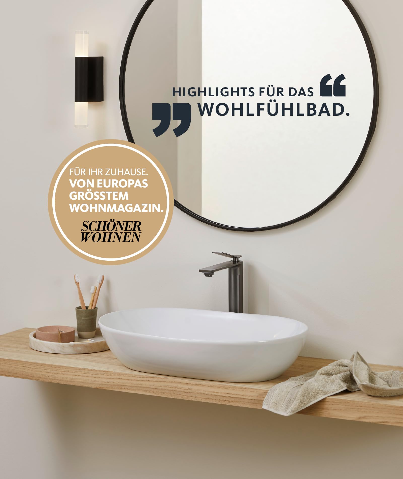 Schöner Wohnen Kollektion Aufsatz-Waschbecken 60 cm Sati, weißer Waschtisch abgerundet, Keramikwaschbecken Bad Aufsatz-Montage, Überlauf, Weiß