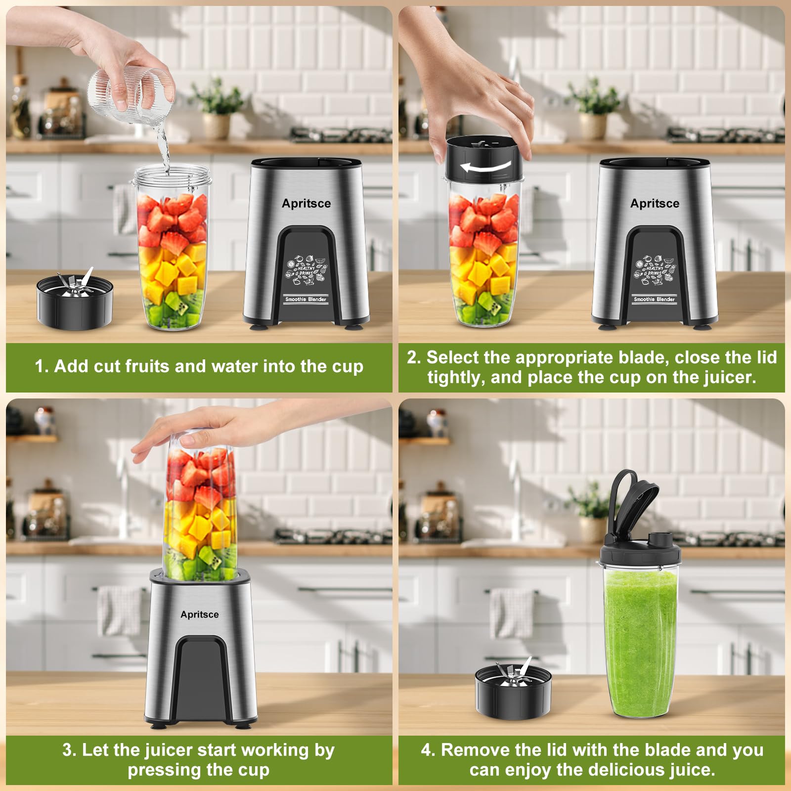 Batidora Smoothies, Apritsce 800W Multifunciónblender Smoothie Maker, 2 Botellas Portátiles Y 1 Molinillo, Sin BPA, Batidora Eléctrica, Licuadora Pequeña Para Helado, Frutas, Verduras, Nueces