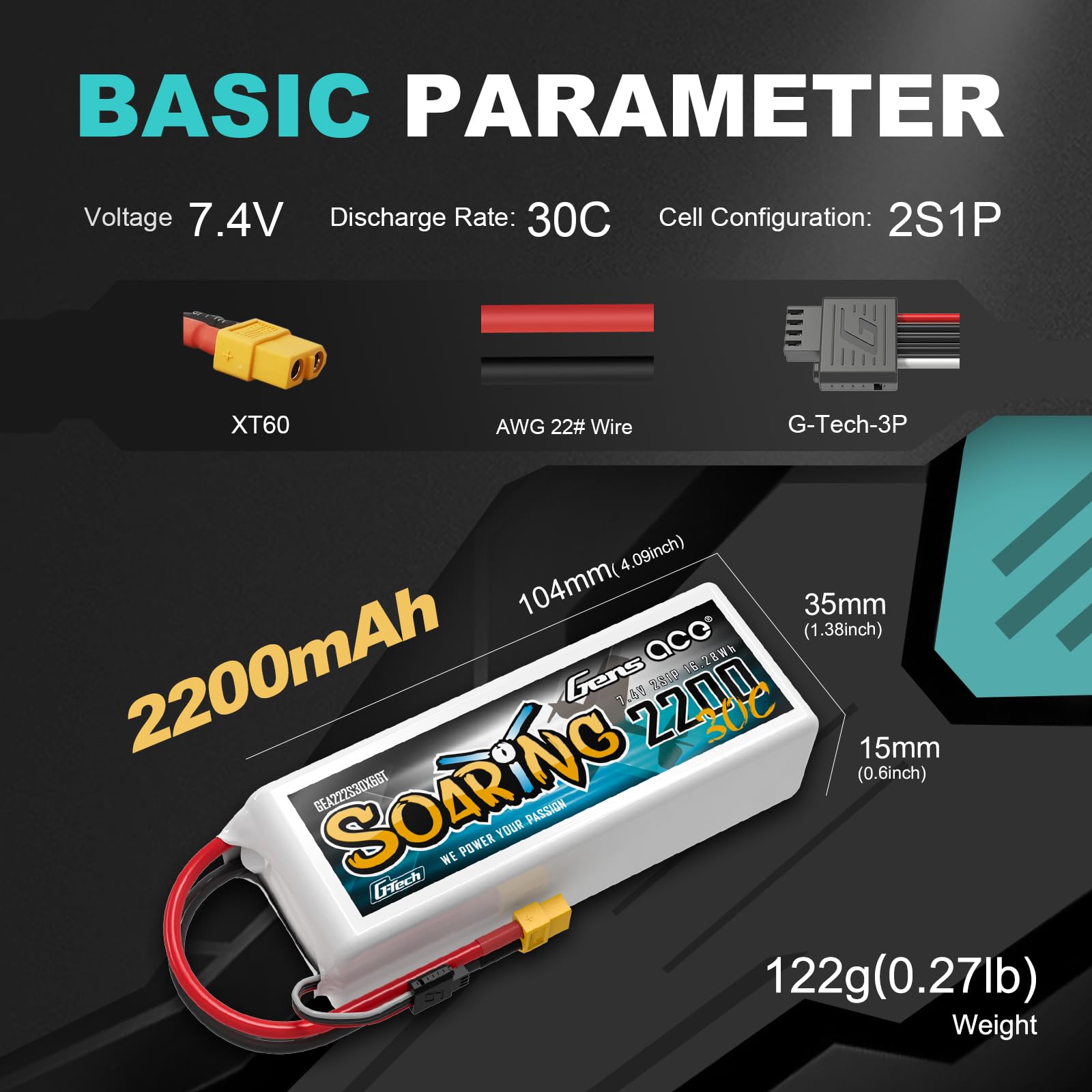 Gens ace Akumulator 2 s 2200 mAh 30C 7,4 V z wtyczką XT60 do helikoptera lotniczego kolejnych helikopterów 450
