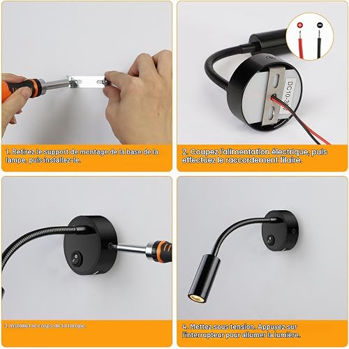 ERWEY 2pcs 12V LED Reading Lights for Motorhome with Flexible Gooseneck and USB Charging Port 3000K Warm White DC 10-30V Interior Lighting for Boat Caravan Yacht, Black - 6