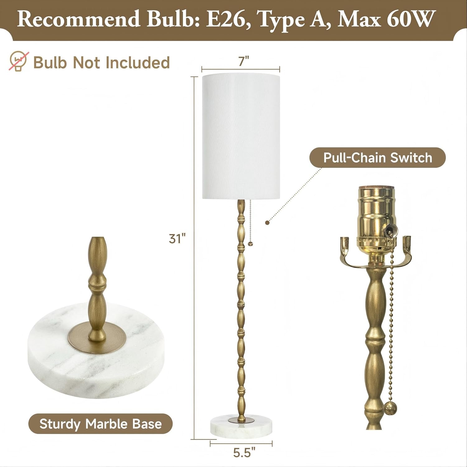 31" Buffet Lamps Set of 2 for Living Room, Tall Skinny Buffet Table Lamps with Marble Base, Gold Lamp Set of 2 for Credenza, Fireplace, Mid-Century Gold Candlestick Lamp for Bedroom