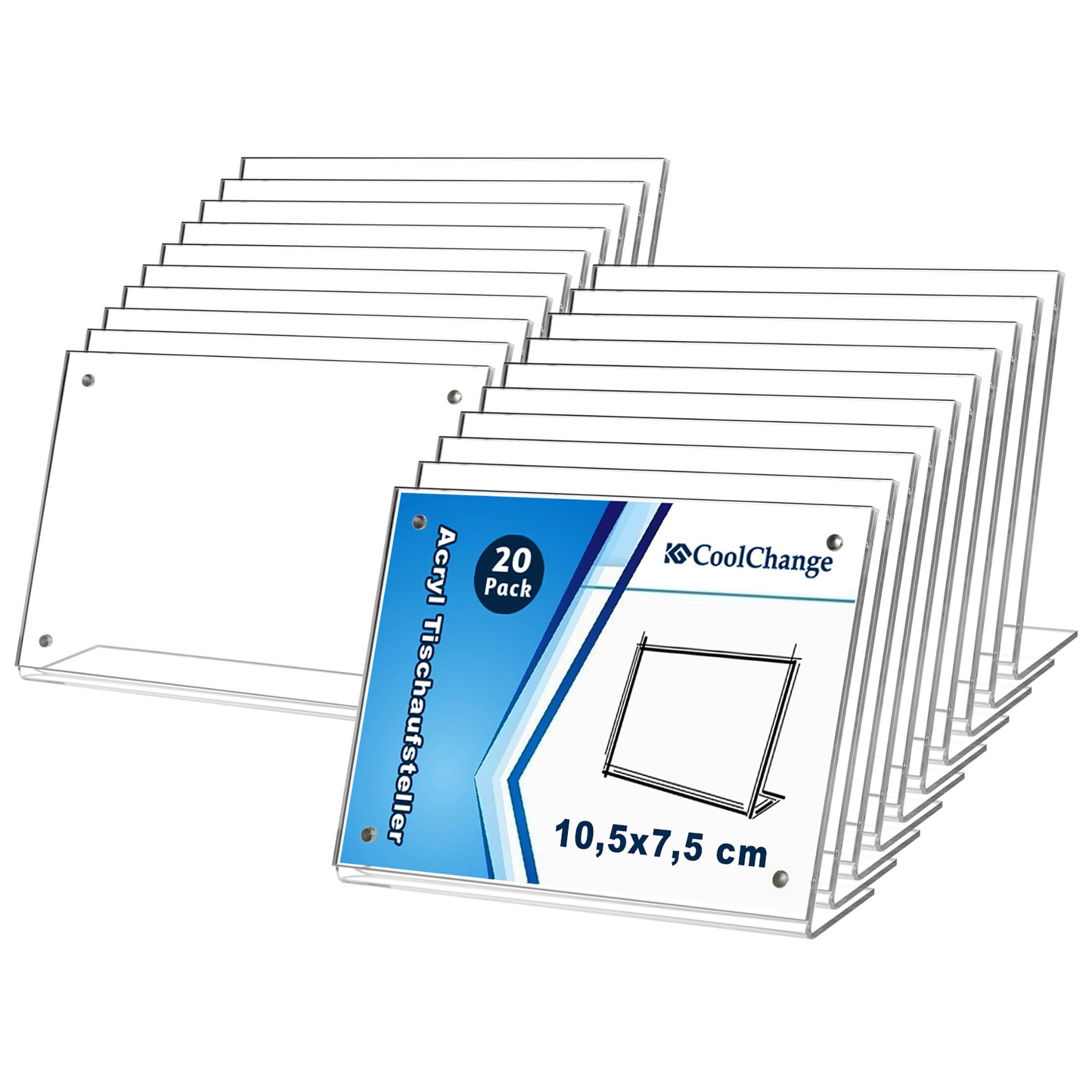 CoolChange espositori da tavolo in acrilico con chiusura magnetica | Supporti a L trasparenti per foto, cartellini e info | Formati DIN A7, A6, A5 – Disponibili in varianti (20, 105x75mm / Formato A7)