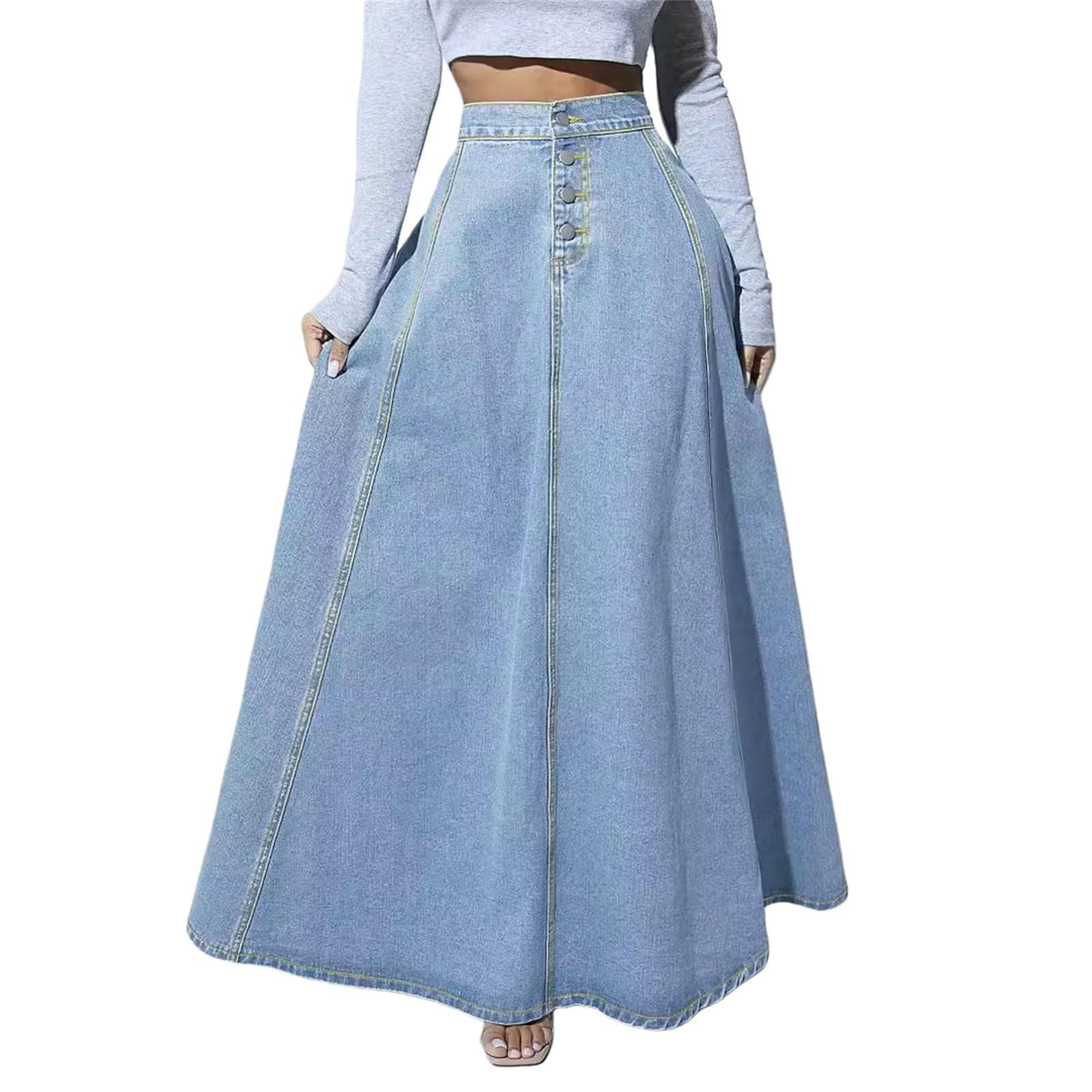 Rock Einreihiger Jeansrock Für Damen – Schicker, Ausgestellter Midirock In A-Linie (frühling Sommer)-hellblau-l