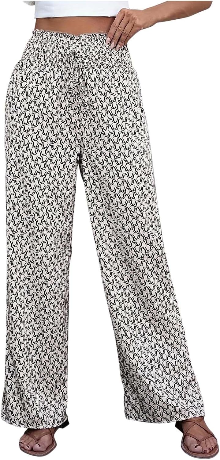 Women's Wide Leg Pants Flowy Drape Ruffle Drawstring High Waist Palazzo Pants Loose Baggy Trousers with Pockets