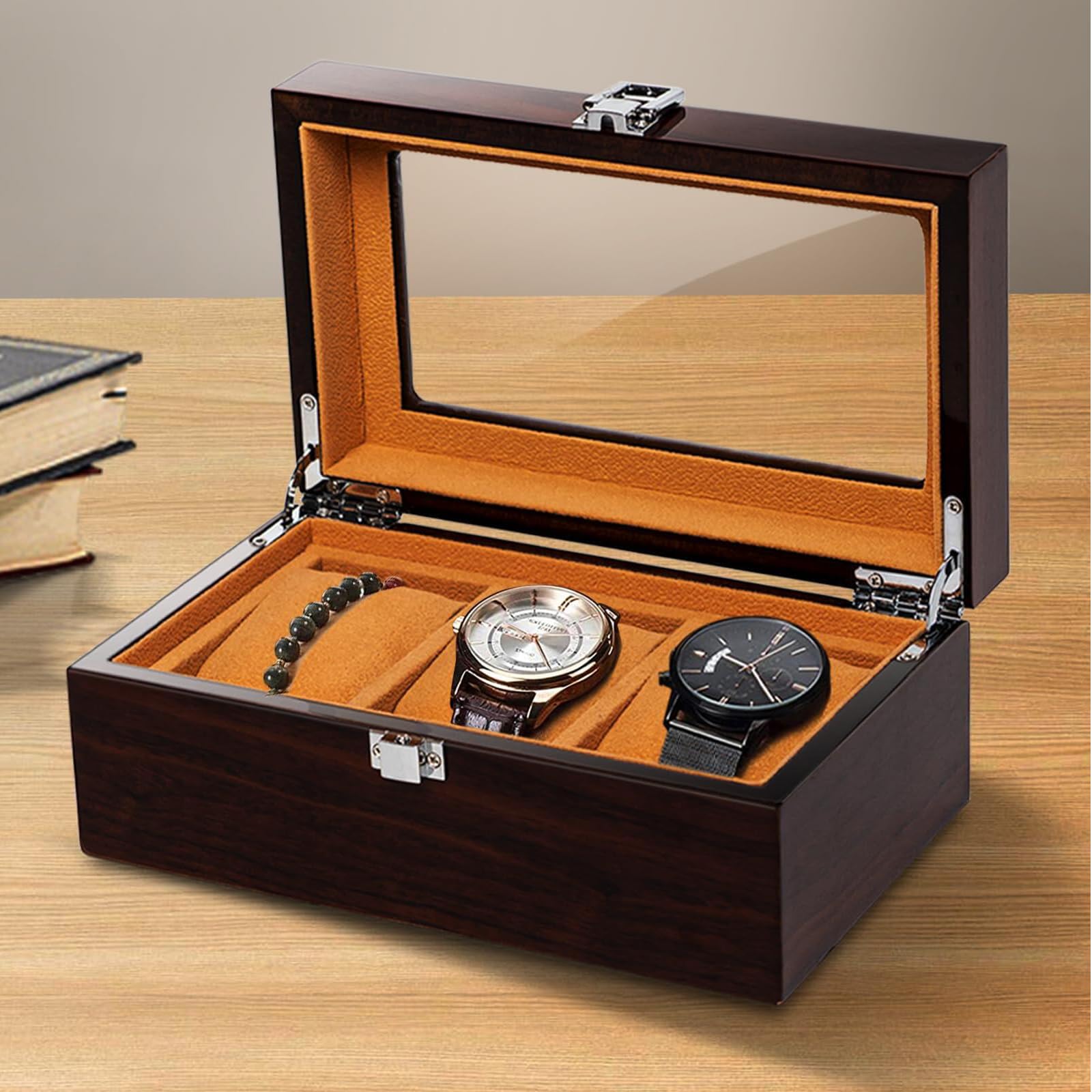 Caja de Relojes de Madera con 3 Compartimentos, Tapa de Cristal, Cierre Metálico, Almohadas Extraíbles, Marrón Rojo