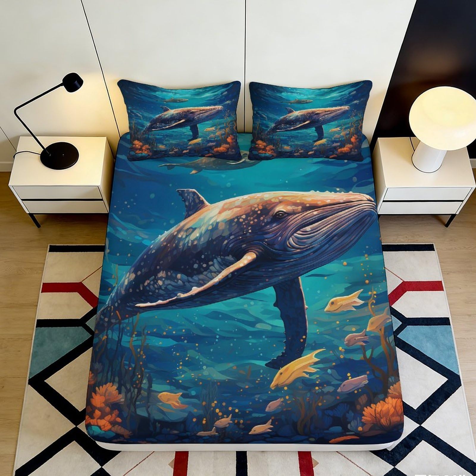 3D Printed Blue Whale Ocean Fitted Sheet Microfiber Soft Breathable Underwater Scene Bed Cover for Bedroom Dormitory Guest Room Mattress Protection 120x200x25cm
