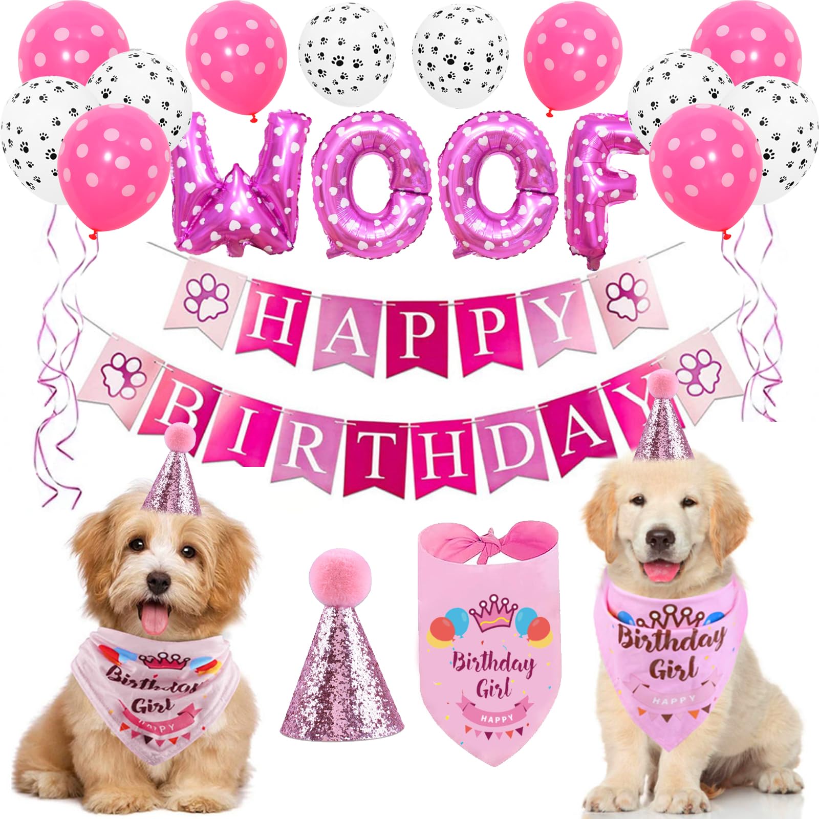 Festa di Compleanno Decorazioni per Cani, Set Bandana e Cappello Rosa