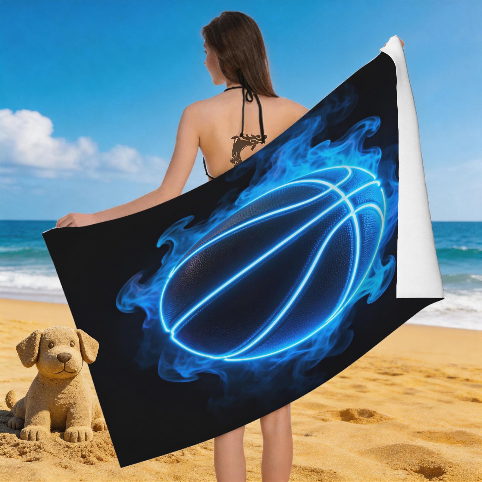 Leichong 3D Neon Basketball Beach Towel Microfiber Soft Quick Dry for Adults, Flame Basketball Bath Towel Lightweight Soft Absorbent for Travel Swimming Pool Sports, 75 x 150 cm
