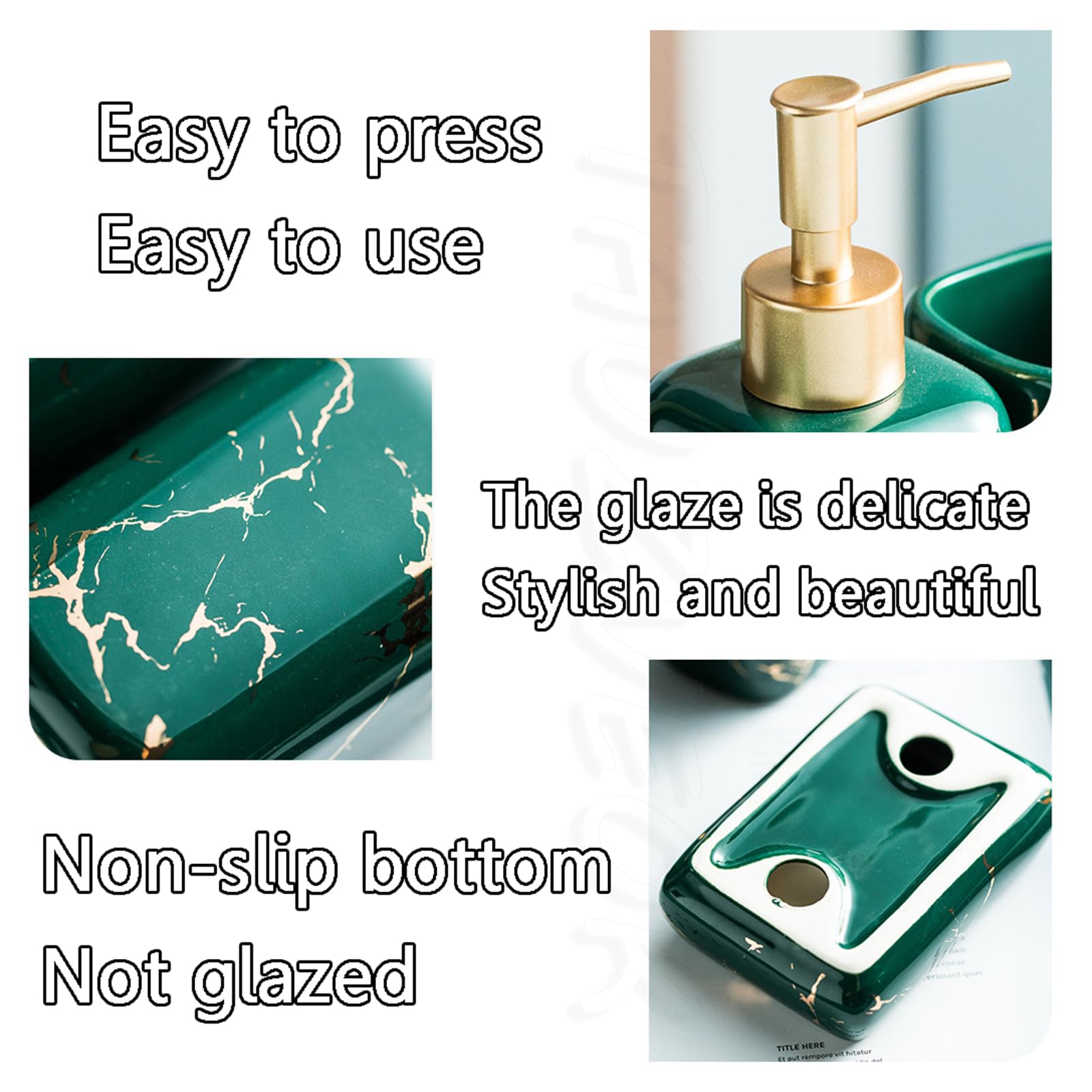 Juego Taza Cepillo Dientes dispensador jabón, Accesorios baño de 5 Piezas, cerámica Blanca, Soporte para Cepillo Dientes, Taza Cepillo Dientes, jabonera,Green 4