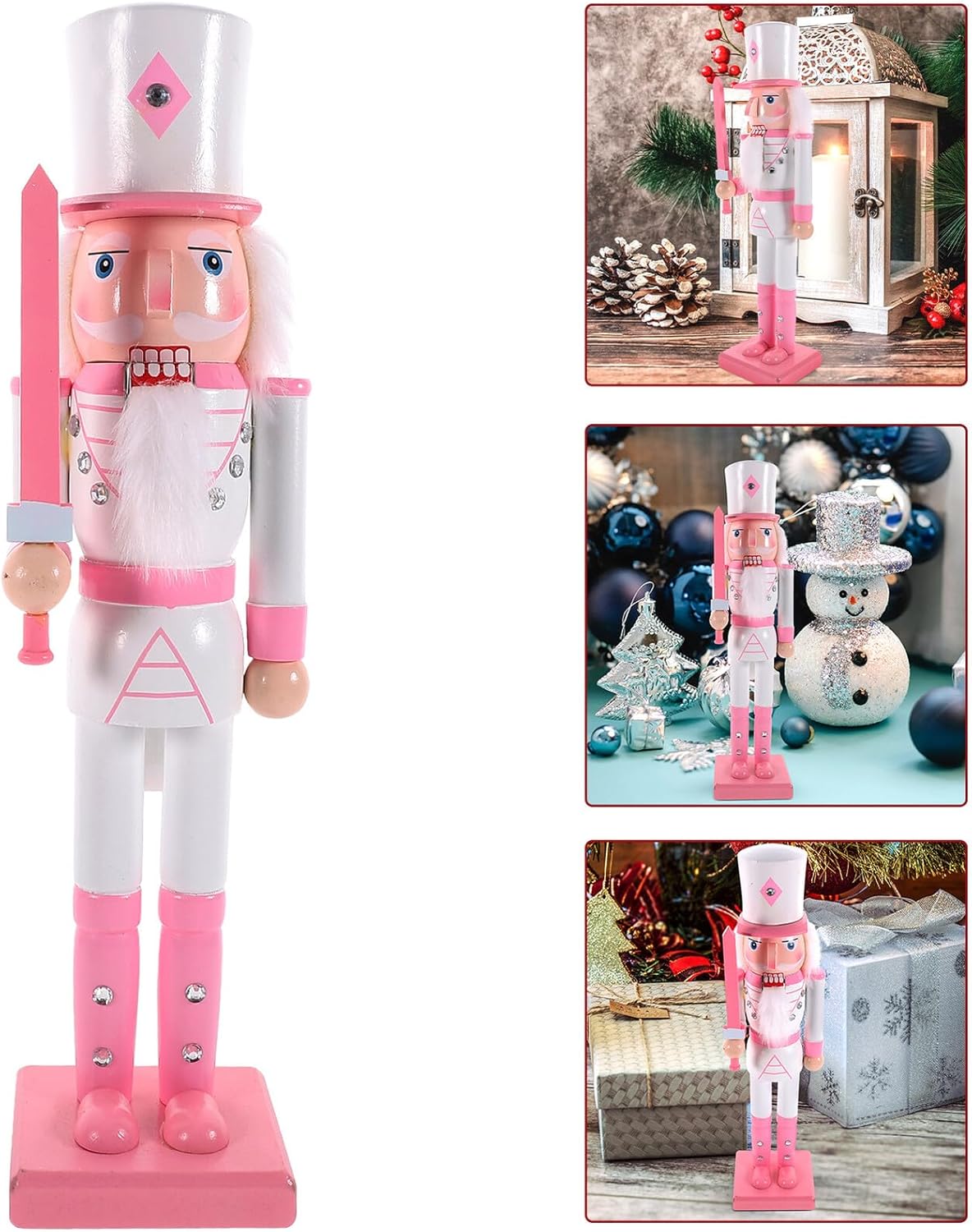 Wooden Nutcracker Puppet Soldier 38cm Pink Sword Christmas Nutcracker Ornament Festival Tabletop Decor Home Holiday Decoration