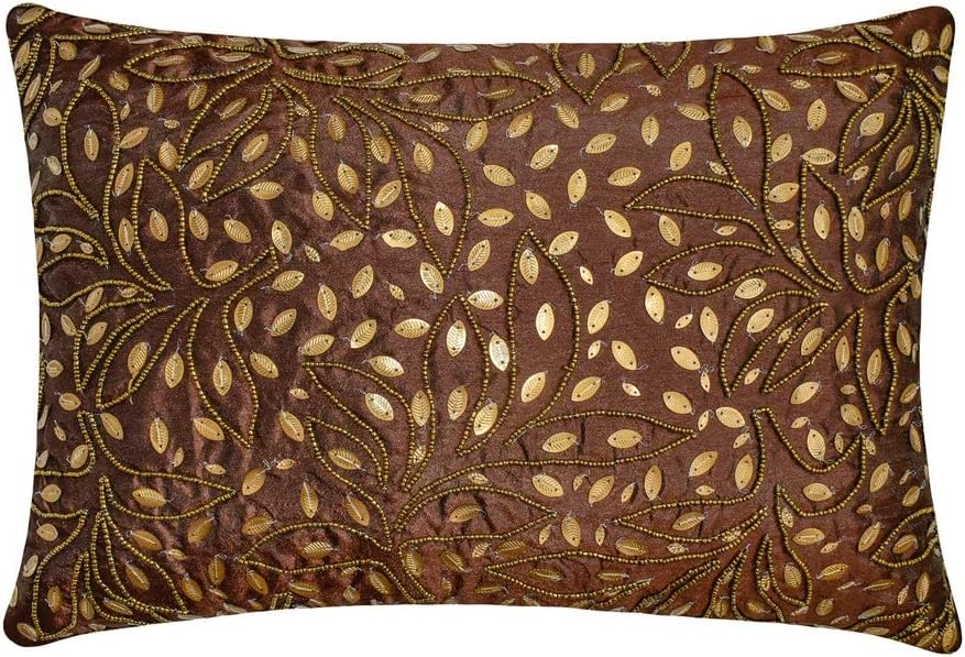 The HomeCentric Decorative Brown 12"x14" (30x35 cm) Lumbar Pillow Cover, Silk Beaded Embroidery Oblong Pillow, Floral Pattern Modern Style - Kirrily