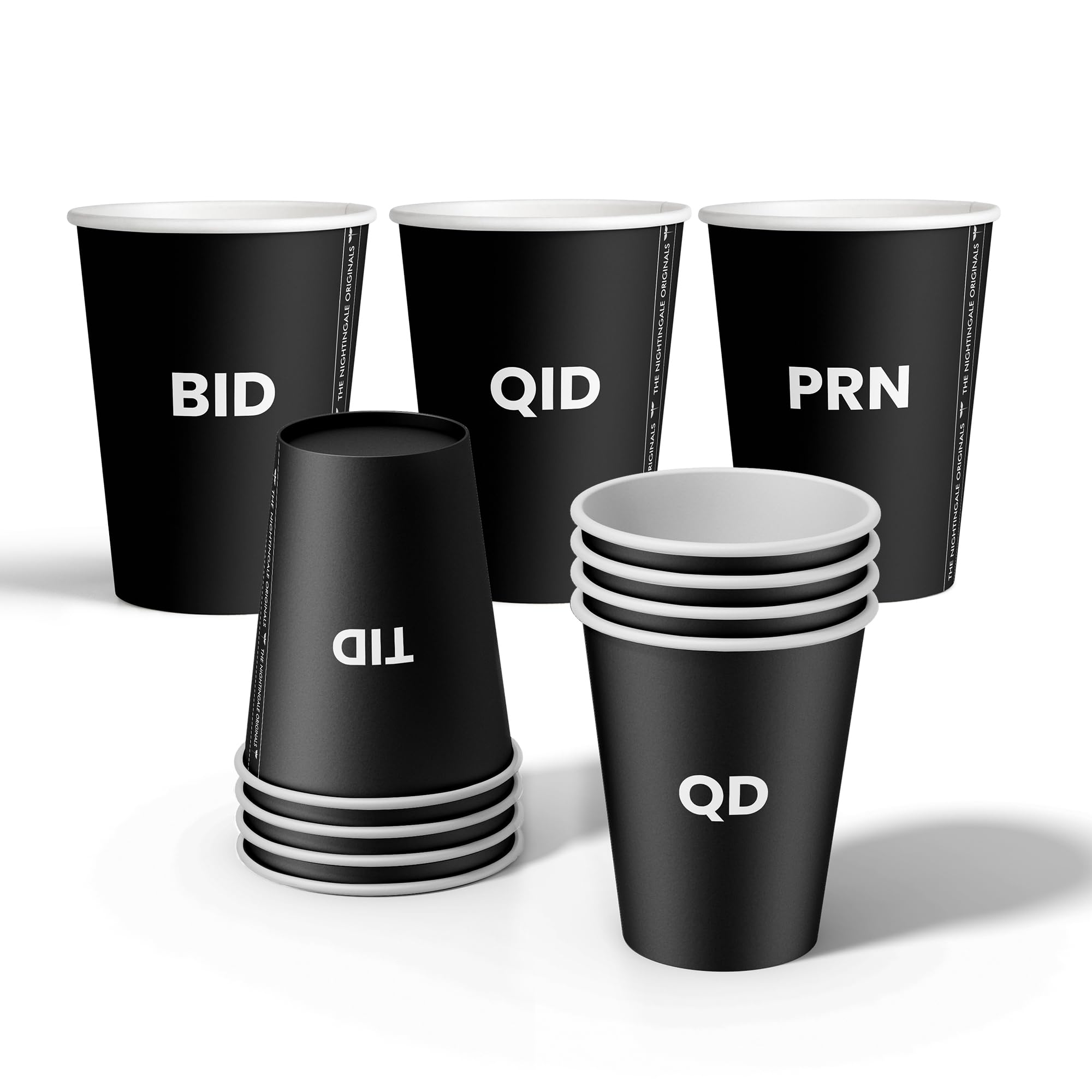 50 Pack 12 oz Single Wall Disposable Coffee Cups with Lid Assorted QD, BID, TID, QID, PRN 10pc each