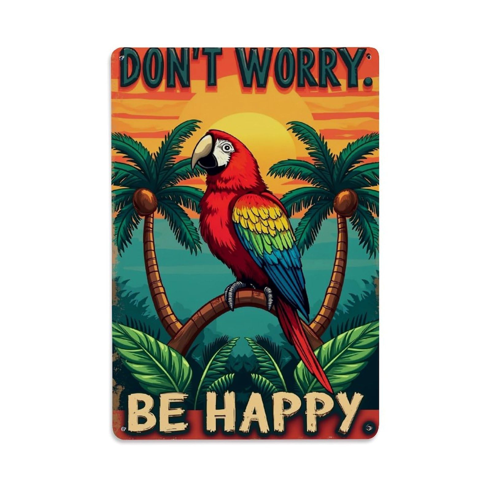 Tropical Parrot Sunset Palm Trees Retro Metal Tin Sign, Vintage Decor Art Poster for Bar, Home, Man Cave, Kitchen, Laundry Room Gift 8x12Inch