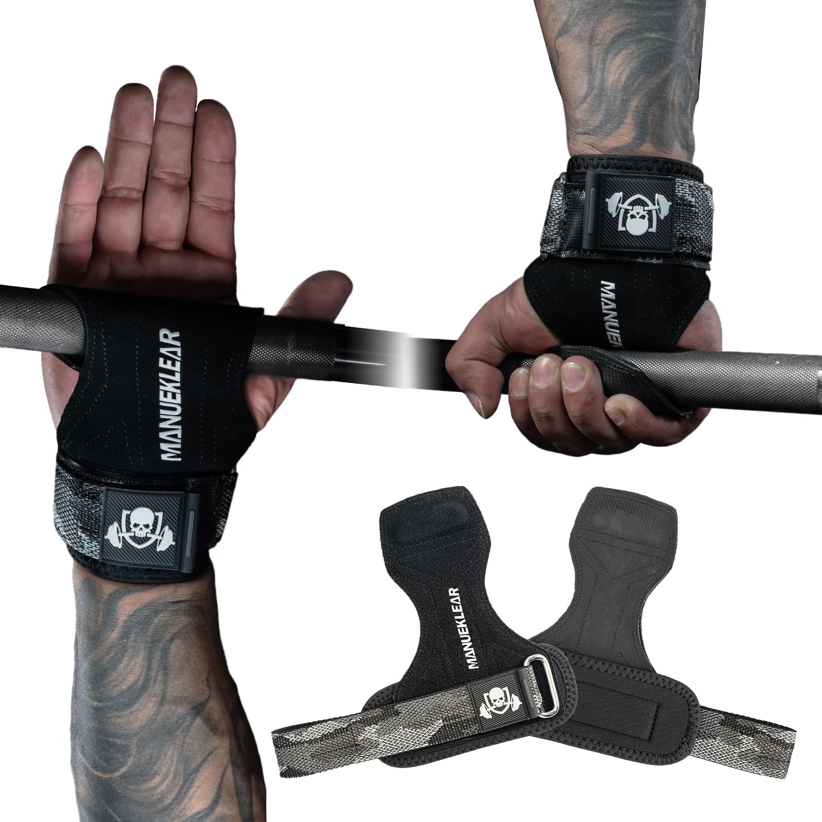 MANUEKLEAR Gym Straps Weight Lifting, Double Leather Lifting Straps for Men Deadlift with Cushion Wrist Loop, Gym Lifting Wrist Wraps for