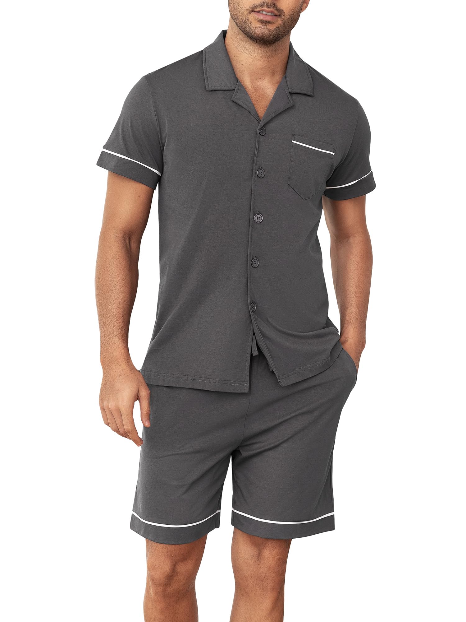 Pyjama Court pour Homme 100% Coton avec Boutons - Pyjama d'été léger à Manches Courtes et Short - Confortable pour la Maison, Les Voyages et la détente
