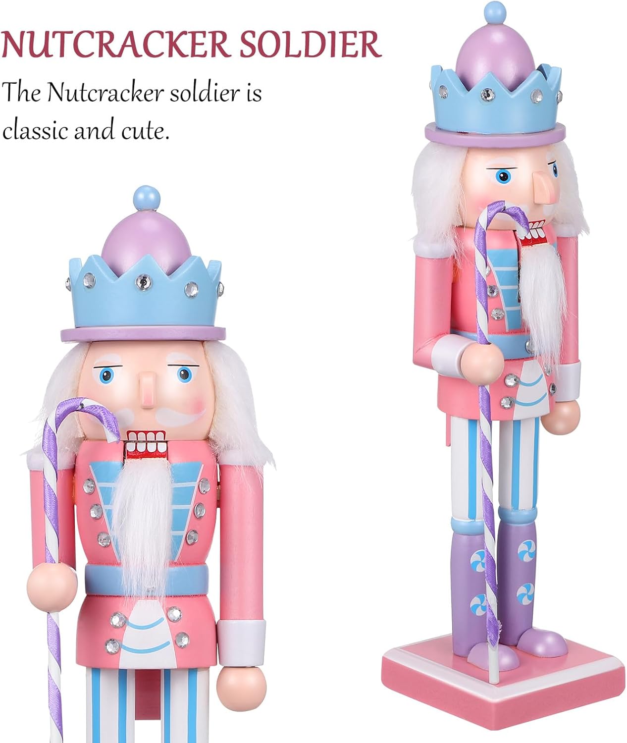 Garneck Christmas Pastel Pink Nutcracker with Cane Nutcracker Ornament Candy Themed Wooden Nutcracker Figurine Holiday Decorations for Xmas Tabletop and Shelves