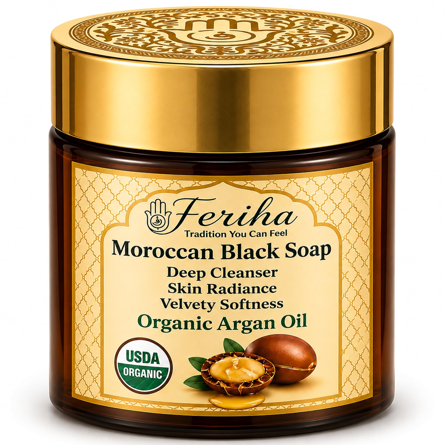 FERIHA - Jabón negro marroquí premium con aceite de argán orgánico, 100% auténtico, jabón artesanal Beldi, origen Cr