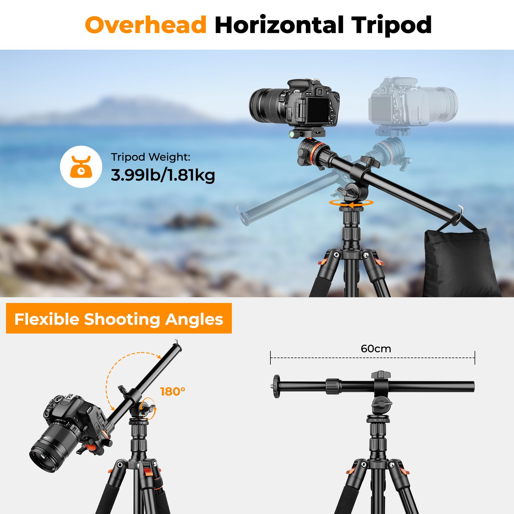 Victiv 259cm Treppiede Fotocamera e Smartphone, Cavalletto Fotografico in Alluminio con Braccio Orizzontale, Treppiedi Reflex da Viaggio Per Sony Canon Nikon, Carico Massimo 8 Kg