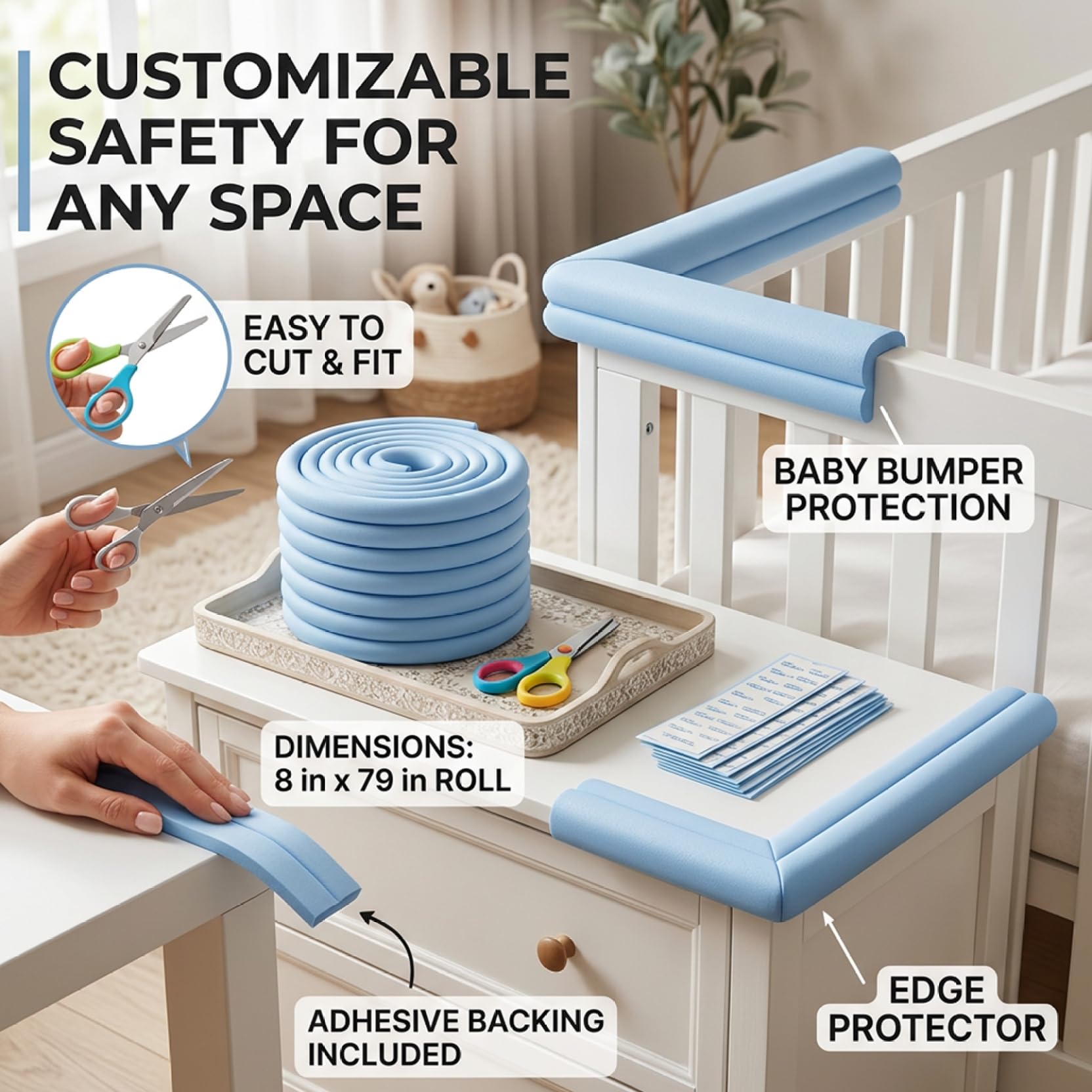 Babysichere Ecken und Kanten, Schaumstoff-Kantenschutz, 40, 6 x 200, 9 cm, verdicktes PVC, Anti-Kollisions-Kissenstreifen für Tisch, Schrank, Wand, Kamin, Kindersicherheitsschutz, Blau
