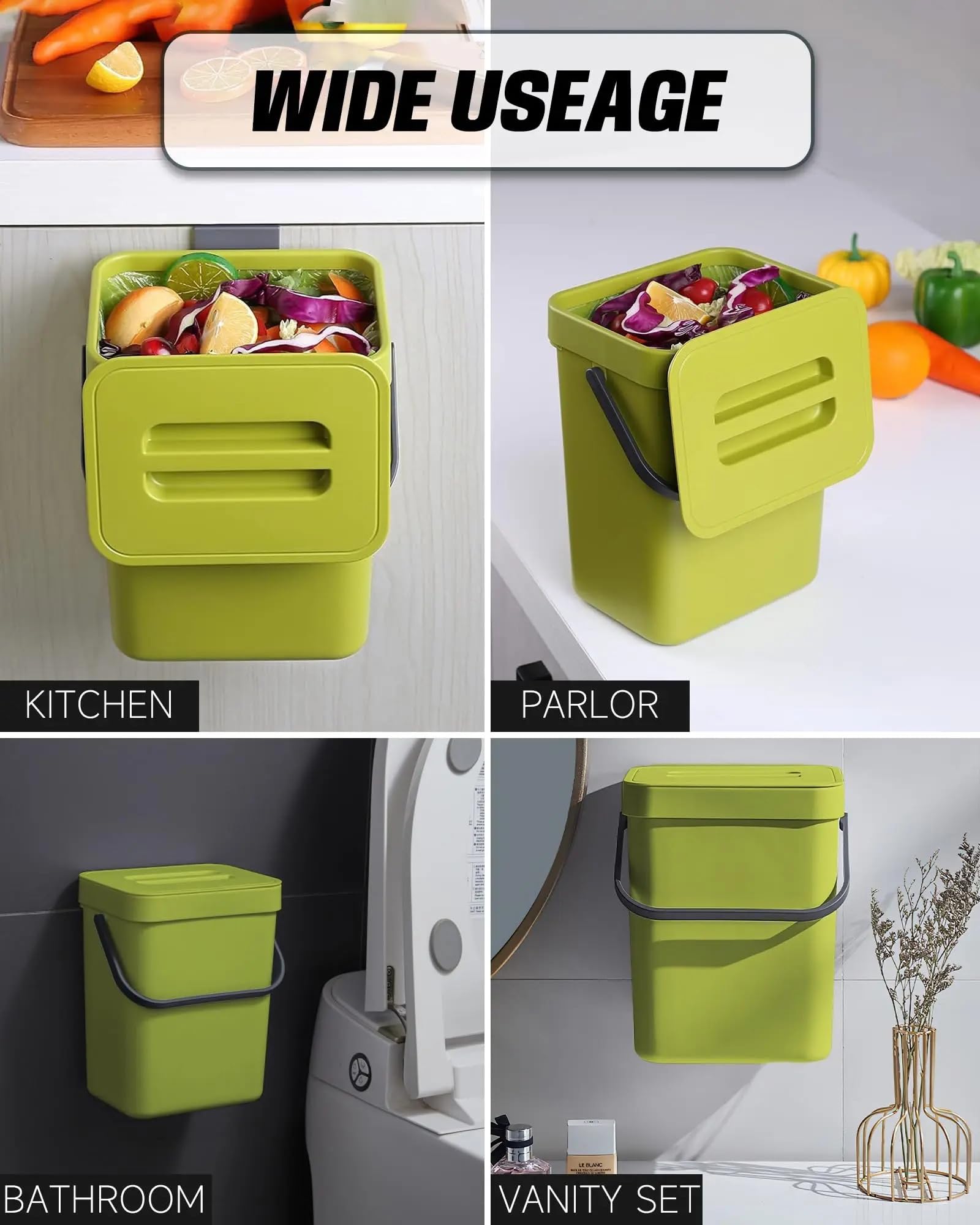 Cubo Basura Plegable Bote de basura abono interior colgante con tapa | Restos de comida sin olores sellados con plástico(12L,Green)