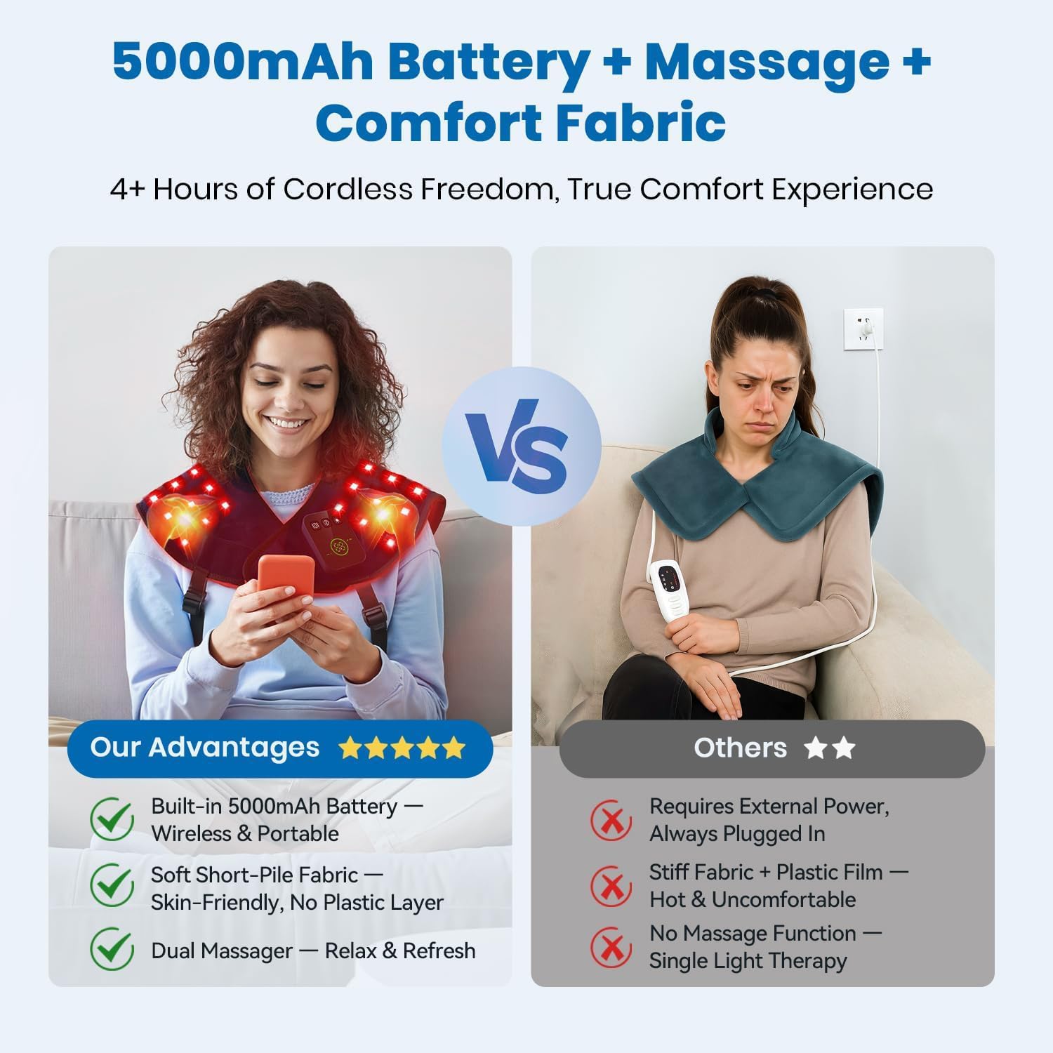 Envoltura de terapia de luz roja inalámbrica para cuello y hombros, 120 LED de 660 nm rojo y almohadilla de terapia de luz infrarroja cercana de 850 nm con masaje vibratorio, envoltura de hombro