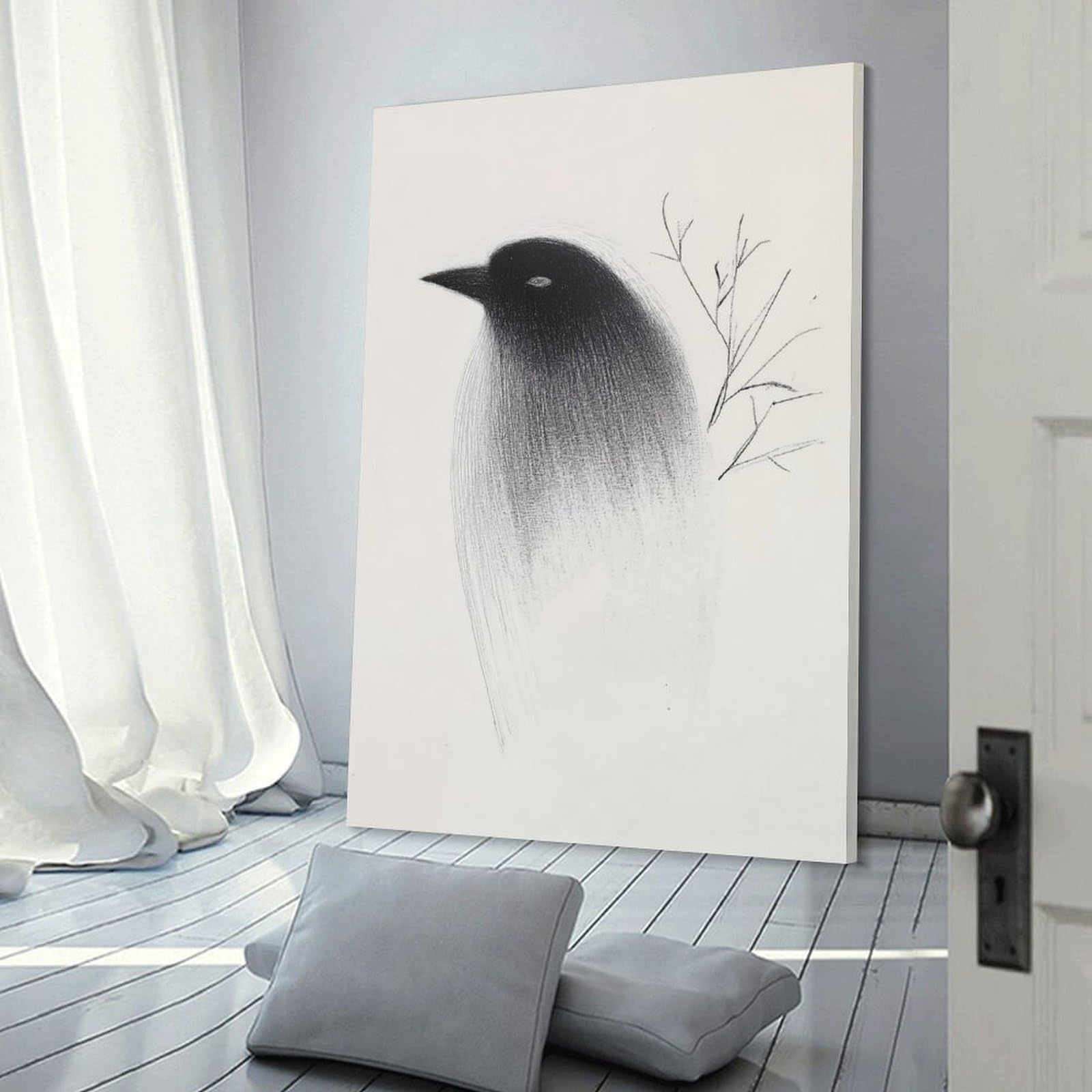 Junmoney Black Bird with Branch Canvas Art Print 24x36inch(60x90cm), for Feature Walls in Flats Or Modern Rooms, Decorative Artwork with Flexible Styling