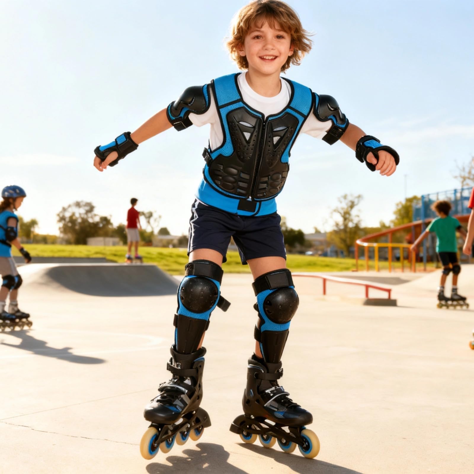 Équipement de protection pour jeunes avec genouillères, coudières et protège-poitrine, kit de coussinets de sécurité respirants pour le cyclisme, le skateboard et le patinage