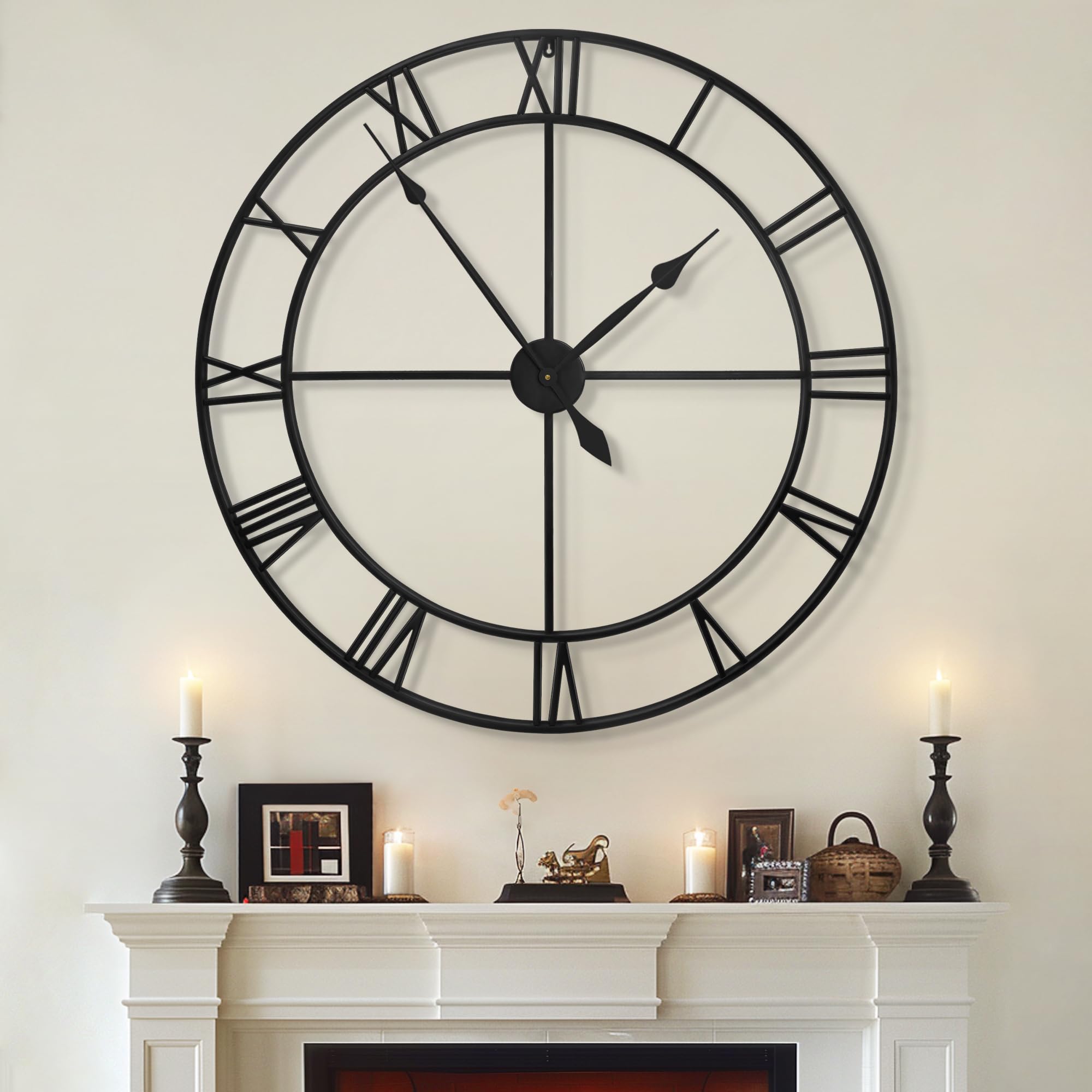 LEIKE 30" Large Wall Clock for Living Room Decor-Modern Big Round Metal Decorative Battery Operated Silent Wall Clock for Bedroom,Dinning Room,Farmhouse,Office (Black,30", Roman Numeral)
