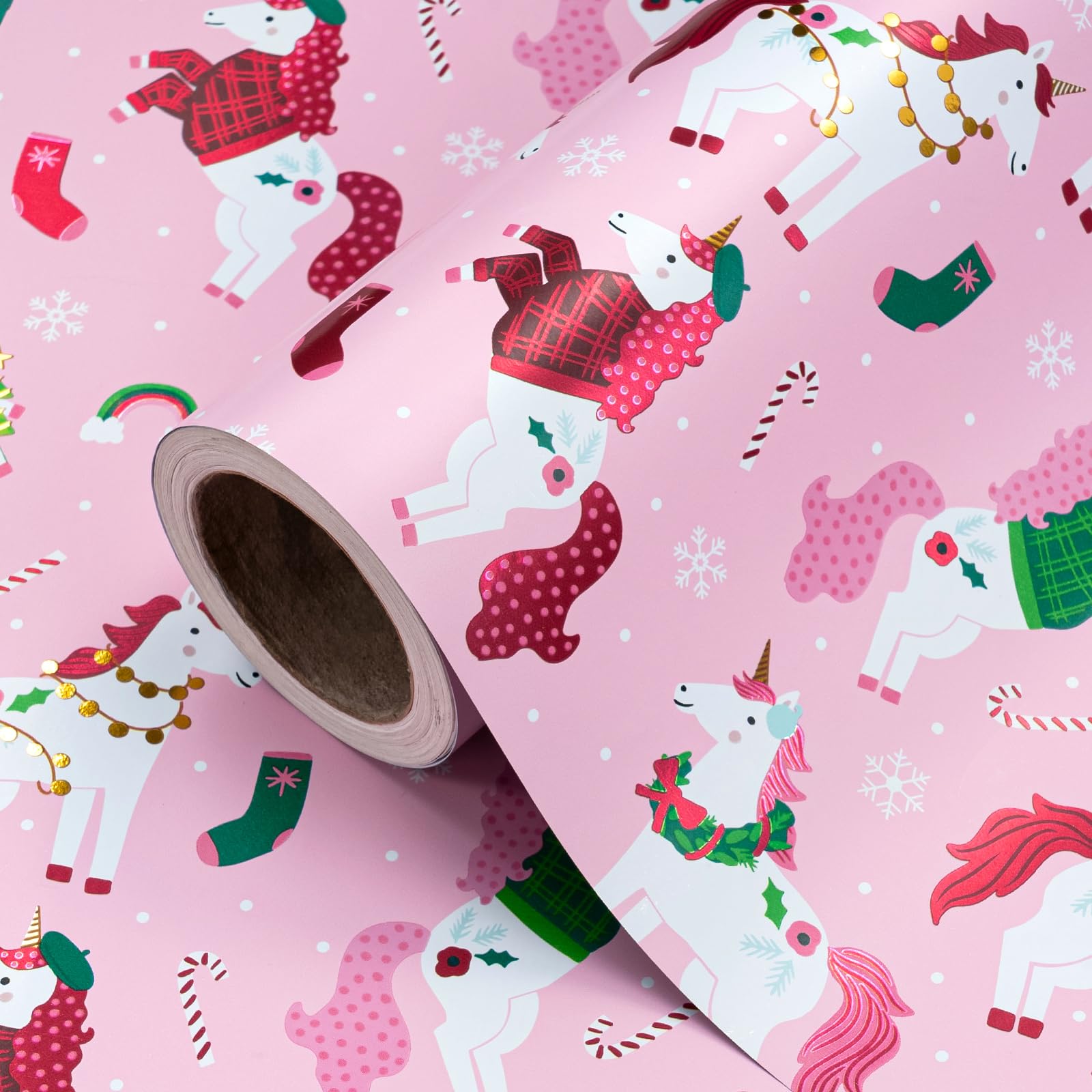 WRAPAHOLIC Unicorn Christmas Wrapping Paper - Mini Roll - 17 Inch x 16.5 Feet - Foil Pink Christmas Unicorn Wrapping Paper with Rainbow &amp; Candy Cane for Girls Kids, Xmas Holiday, Winter Season