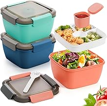 YOUEON 3 Pack Salad Lunch Container to Go with 3 Compartment Tray, 52 Oz Bento Lunch Box with Spoon, Dressing Cup, Portable Salad Container for Lunch, Salad Toppings, Snacks, Fruit, Three Colors