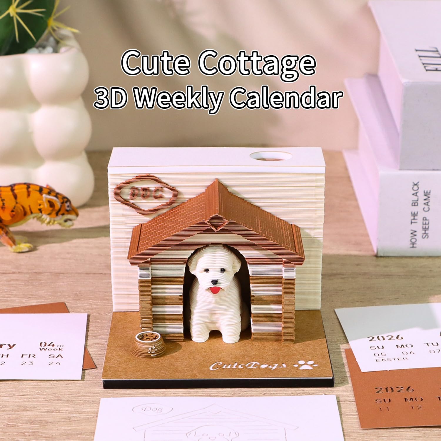 Time Piece Calendar 2026, 3D Art Calendar Memo Pad Creative 3D Desk Calendar 2026, Tear-Away 3D Paper Carving Notepad, Holiday, Christmas, New Year Gift (Cute Pet's Nest)