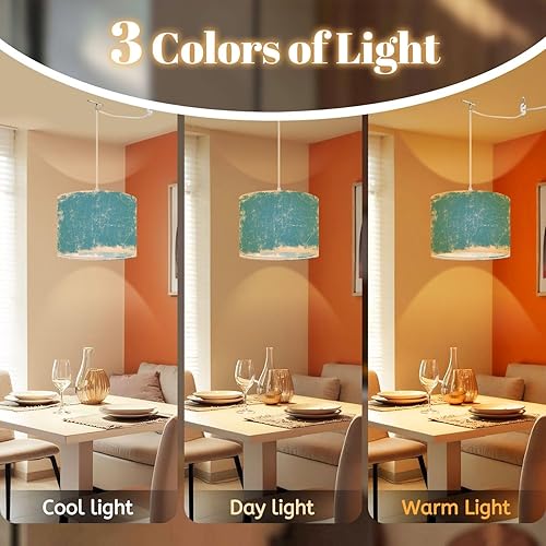 Miniatura 6 de Plug in Pendant Light Grunge Retro Green Blue Hanging Lamp with Clear Cord Fabric Shade Dimmable Switch for Bedroom Kitchen Living Room Light