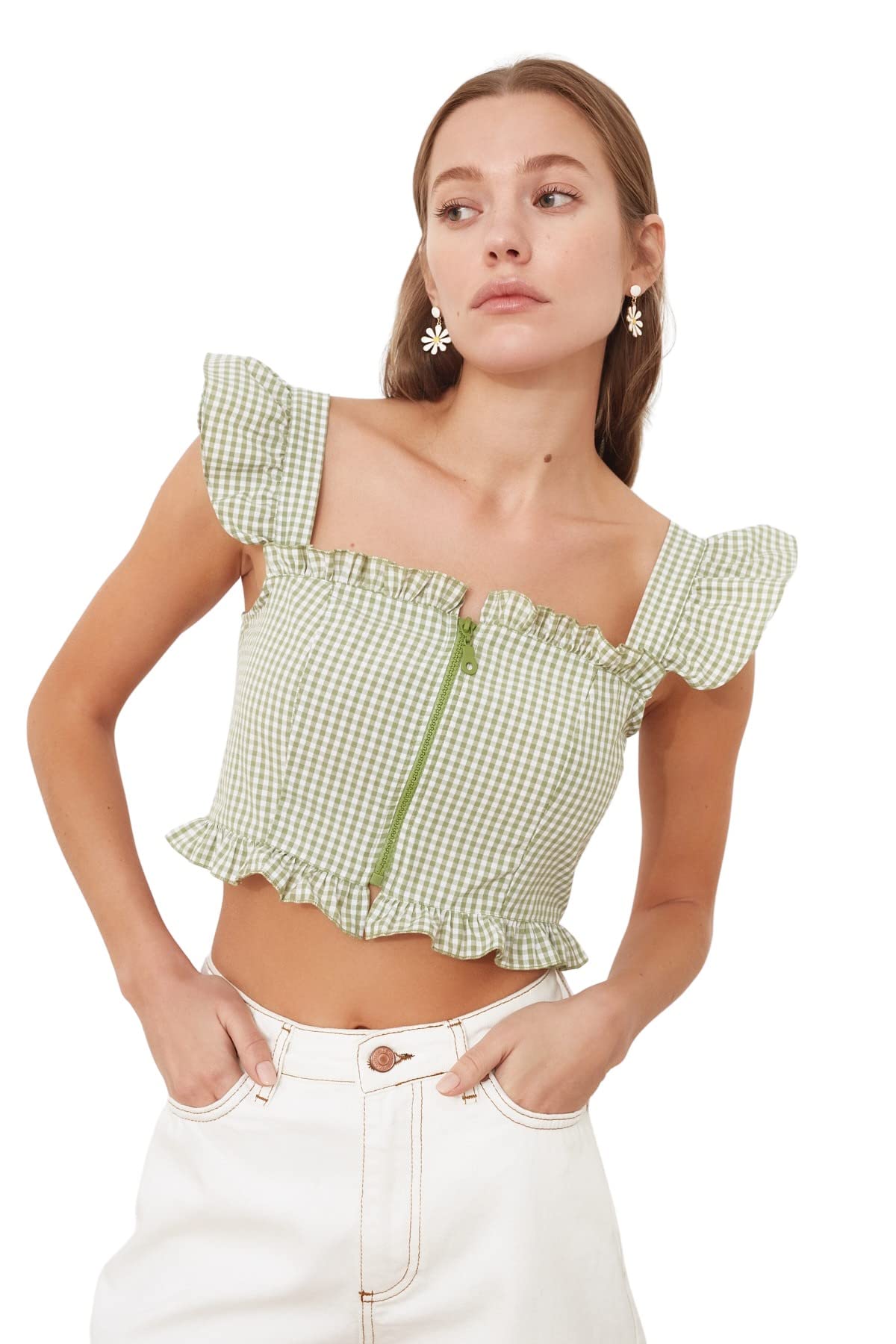 Trendyol Damen Woman Regular Standard Square Collar Woven Blouse Hemd, Green, 40