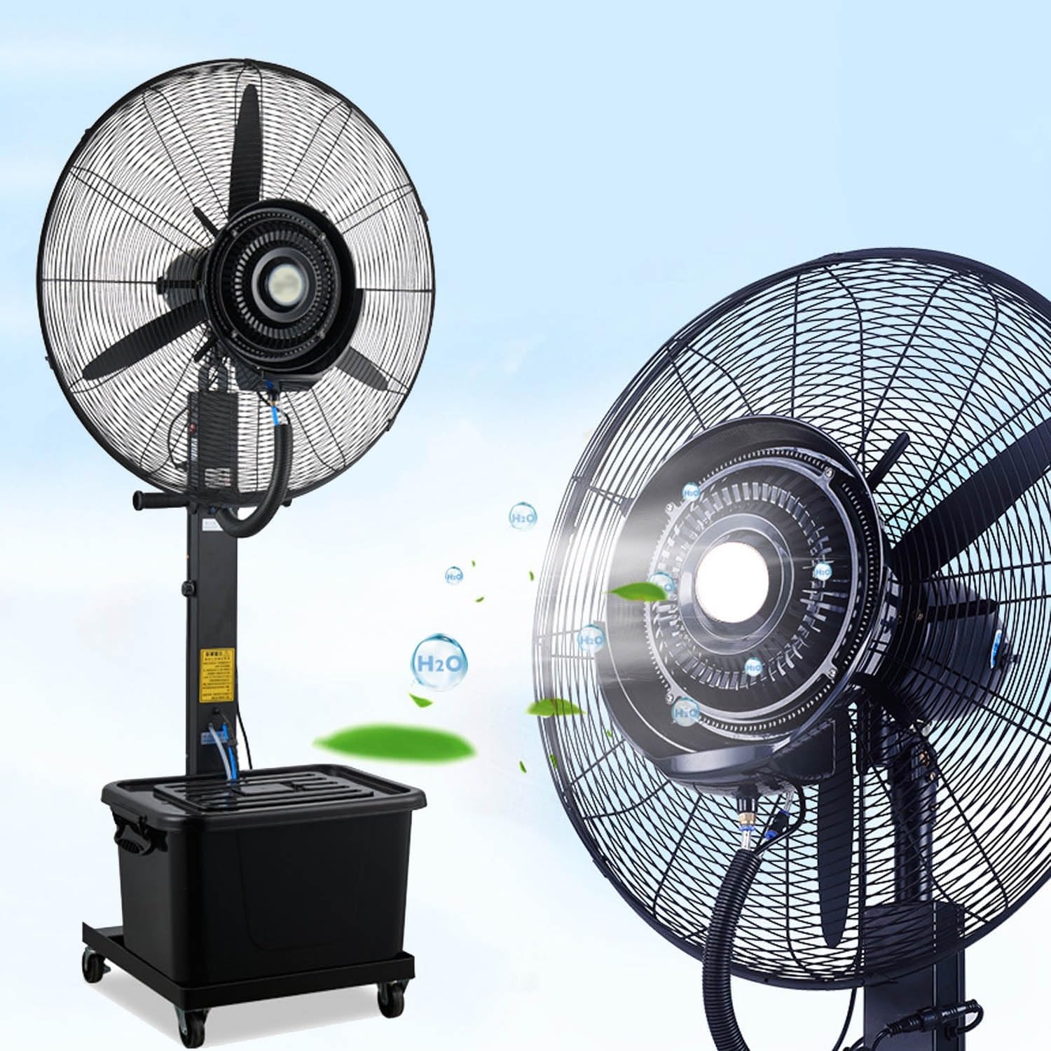 Outdoor Misting Pedestal Fan 22in/26in/30in - 3-Speed Cooling with 90° Oscillation, Black Industrial Spray Fan, 11 Gal Tank for Residential & Greenhouse Use