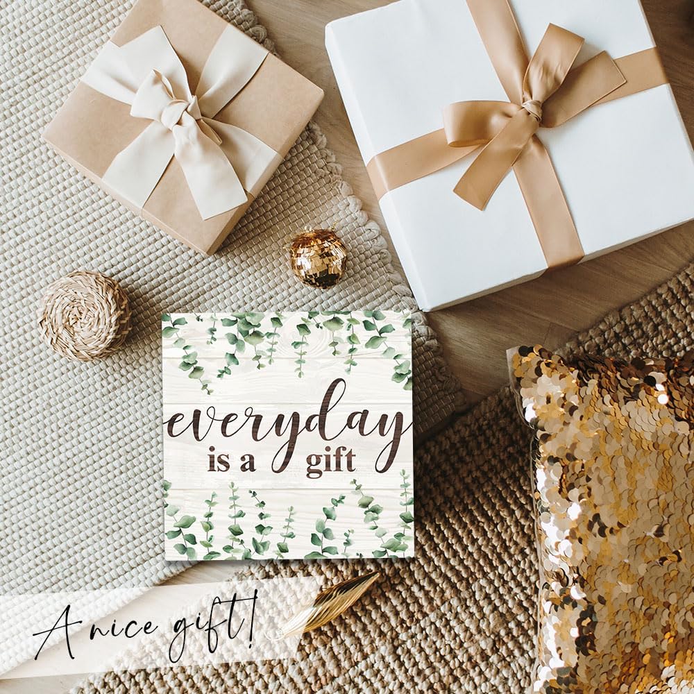 Everyday Is A Gift Inspirational Wooden Block Sign - 5” Eucalyptus Rustic Pinewood Sign Decor For Desk Shelf, Home Office Decorations & Gifts - A04 - Image 5