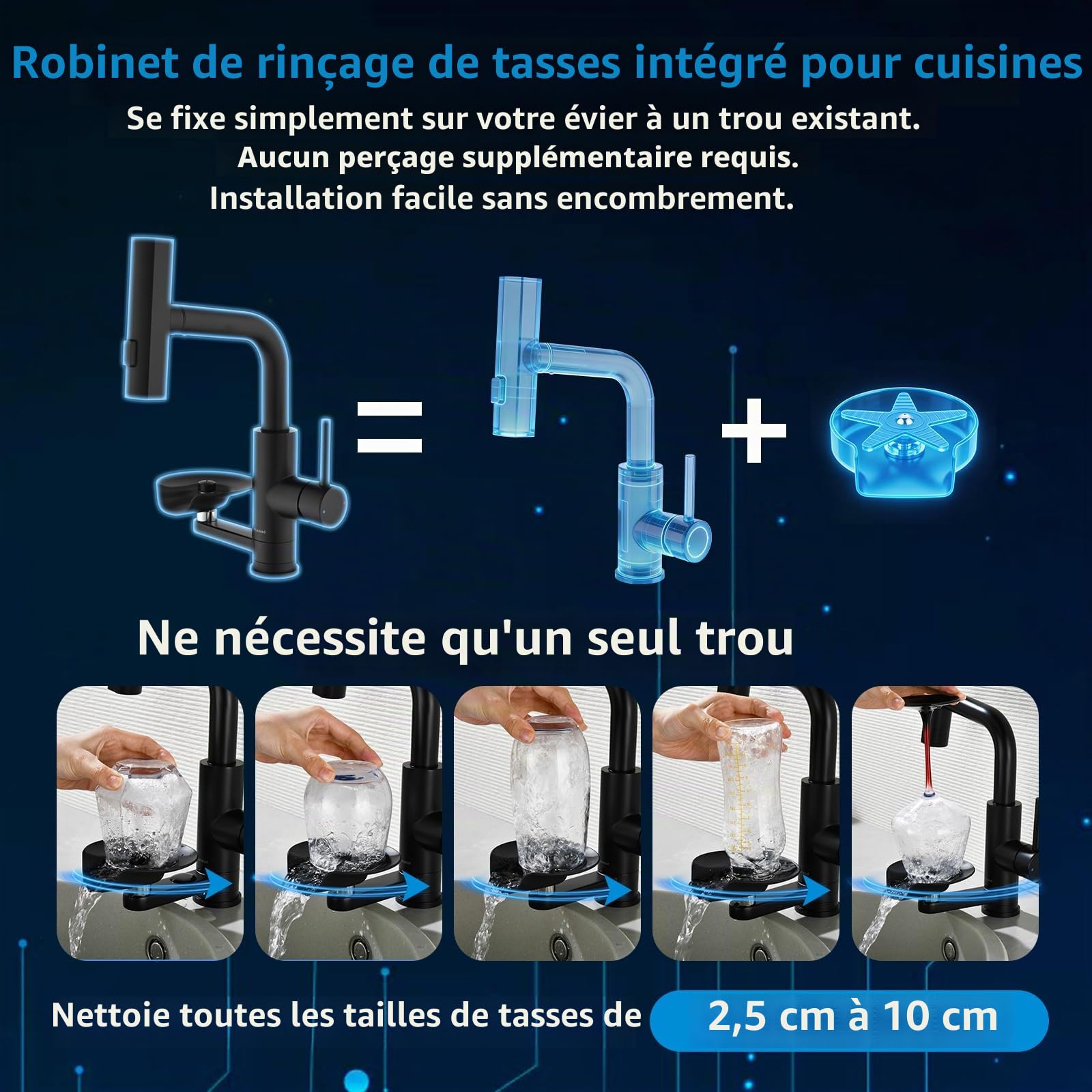 Robinet Cuisine Noir Lave-verres Mitigeur Extractible à 3 Modes de Sortie | Mitigeur Mynaiad Robinet Cuisine Douchette Lave-verres, 3 Flux, Rot 360°, Acier 304 Brossé Adapté Cuisine, Bar, salle de Bain