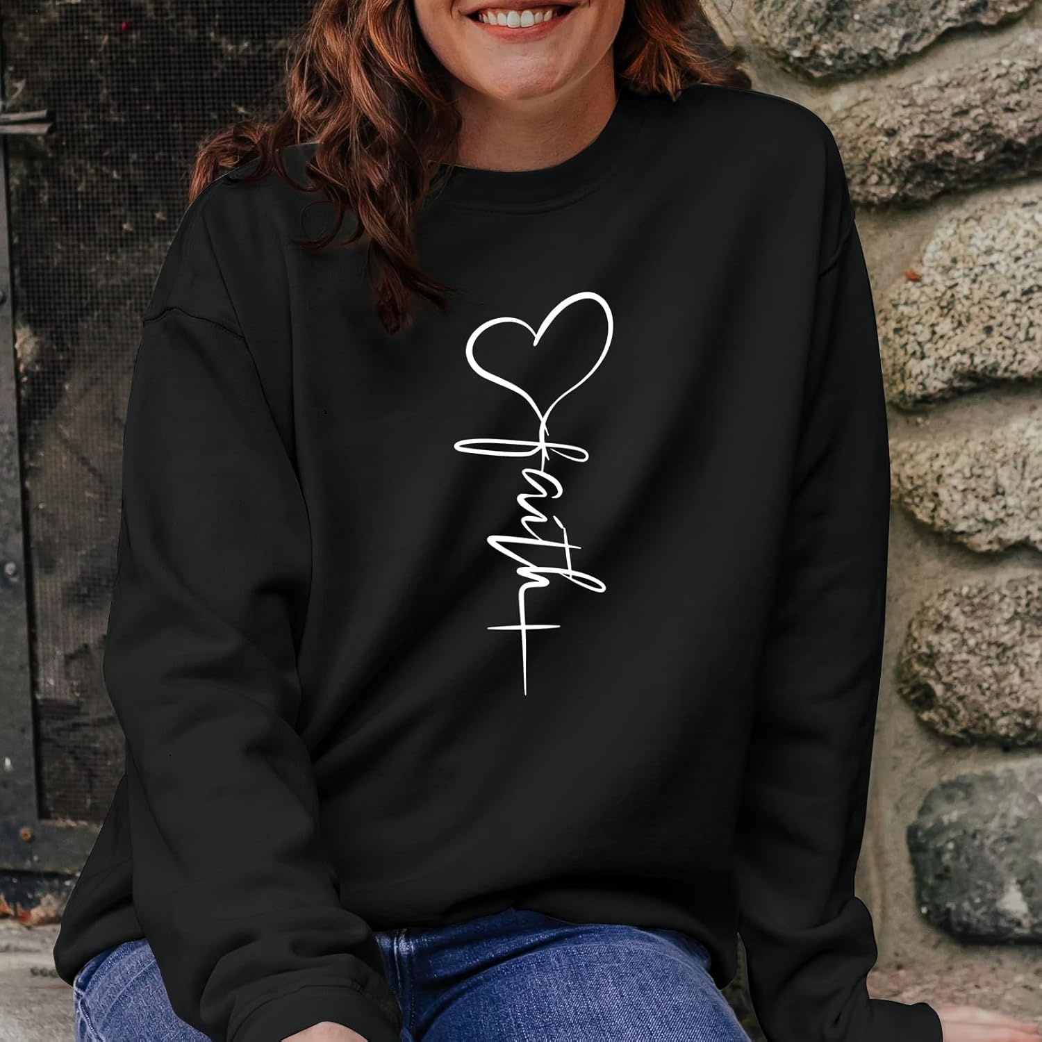 KIEKIECOO Faith Christian Sweatshirts for Women Religious Crewneck Sweatshirt Letter Print Fall Pullover Long Sleeve Tops - Image 5