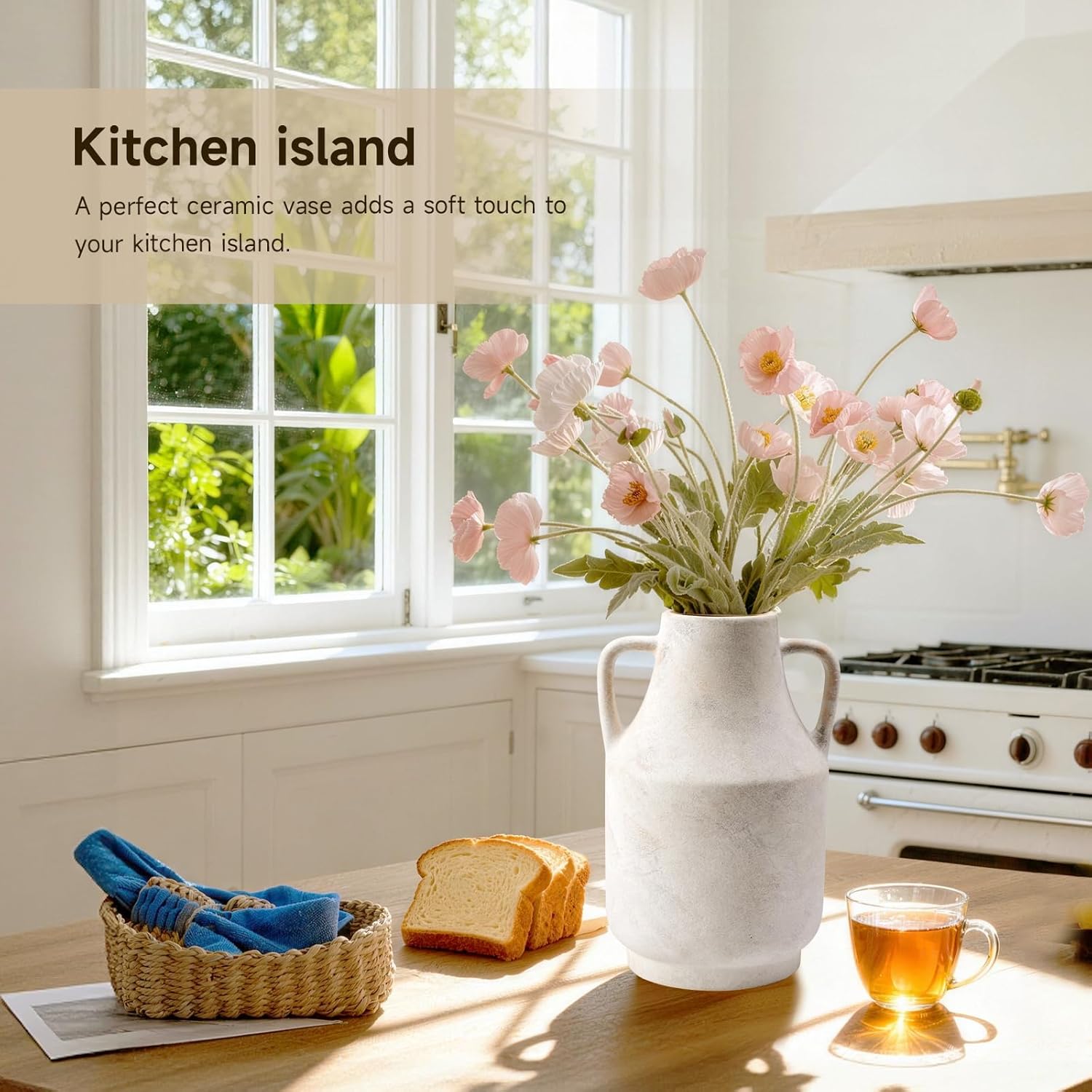 Ceramic Flower Vase with Handles – 11 Inch Tall Rustic Farmhouse Centerpiece Vase, Distressed Terracotta Style Decorative Vase, Living Room, Dining Table, Entryway & Fireplace Home Decor, White - Image 6