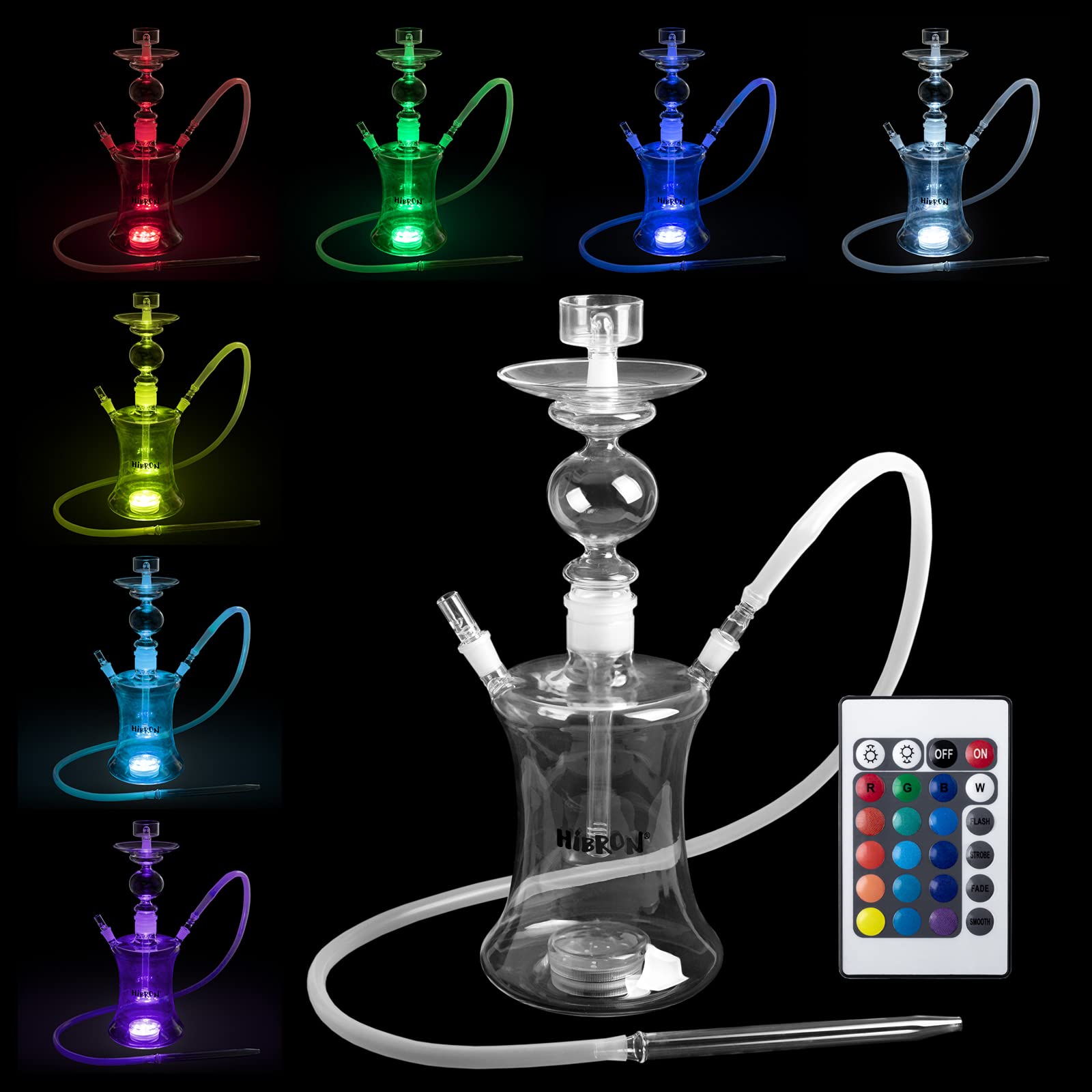 HIBRON Cachimba Buena Grande Profesional 52cm Premium Kit Completo de Cristal Transparente, con 1 Manguera de Silicona, Luz LED, Mando a distancia y Maletín.