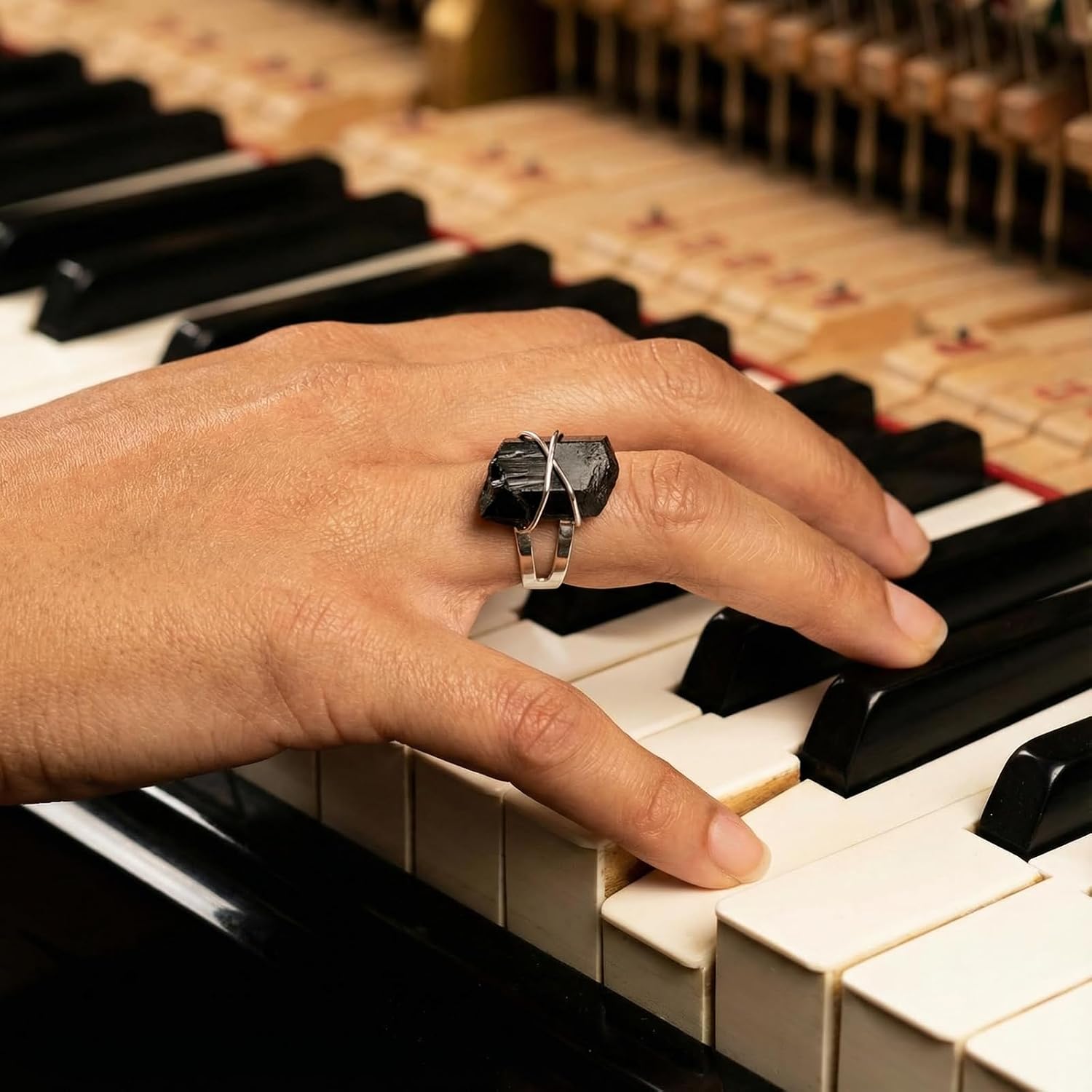 Black Tourmaline Ring, Wire Wrapped Natural Irregular Stone Rings for Women, Healing Crystal October Birthstone Rings