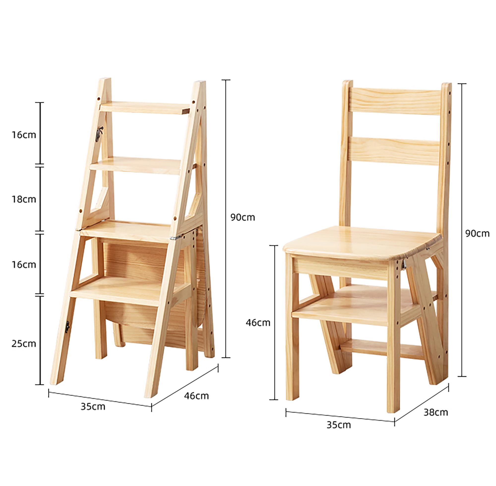 Escalera plegable de 4 peldaños, 2 en 1, escalera y silla plegable de madera, capacidad hasta 180 kg, adecuada para cocina, hogar, bibliotecas (color madera)